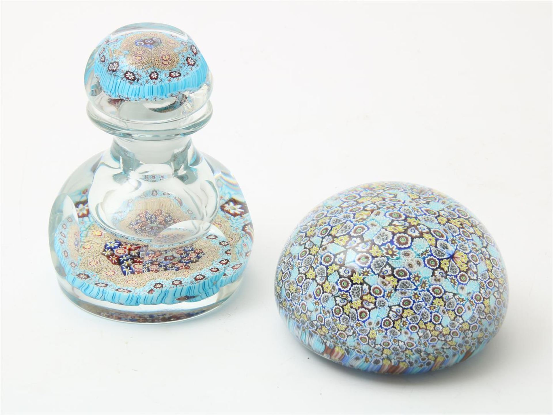 Set of thick glass carafe and paperweight, with enclosed Millefiori decor, marked once: Murano