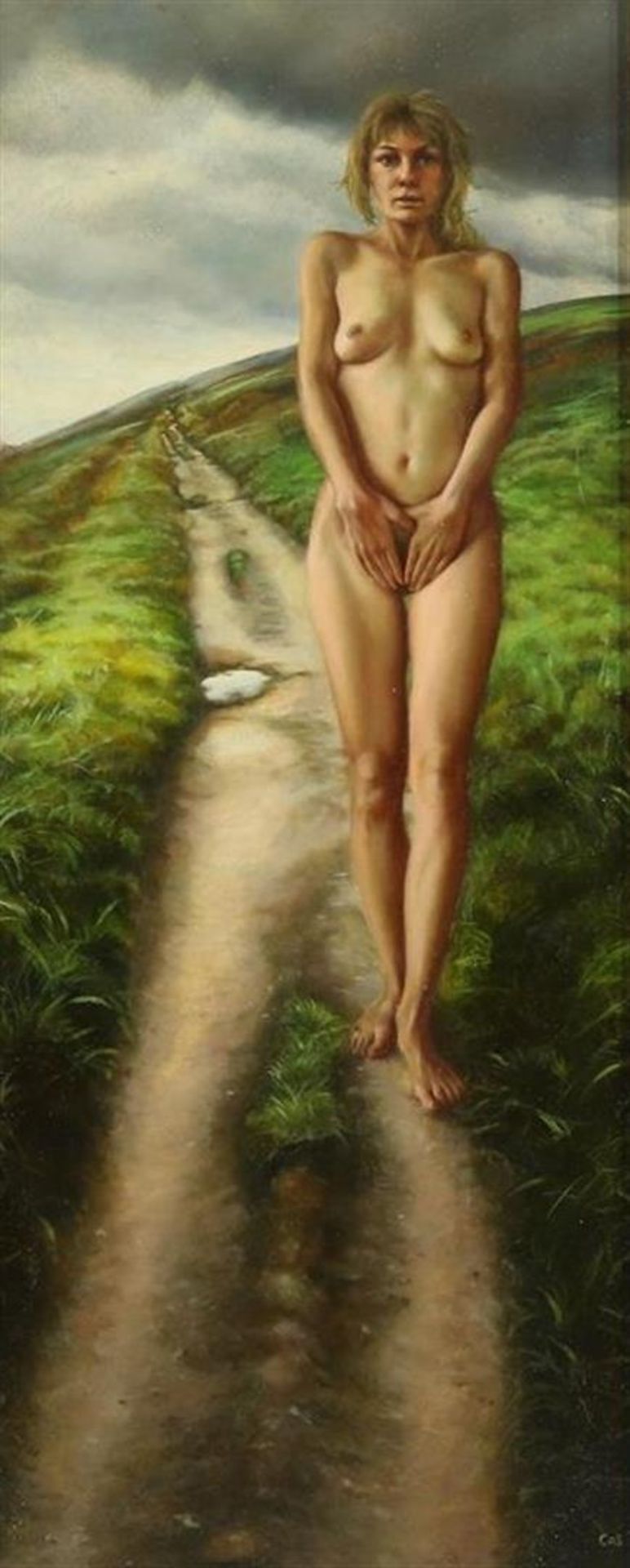 Cas Waterman (1958-) Nude, titled: "The winding path" signed l.r. Panel 42 x 20 cm.