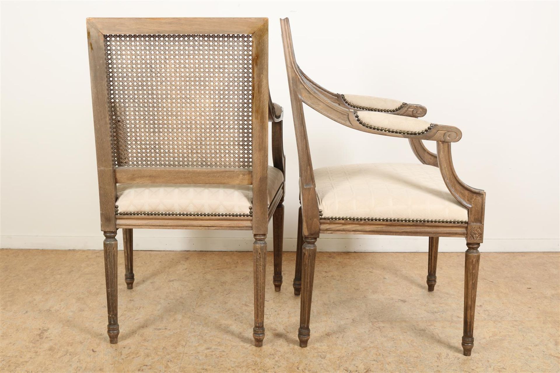 Set of Louis XVI style armchairs with woven backrest and checkered upholstery. - Image 5 of 5