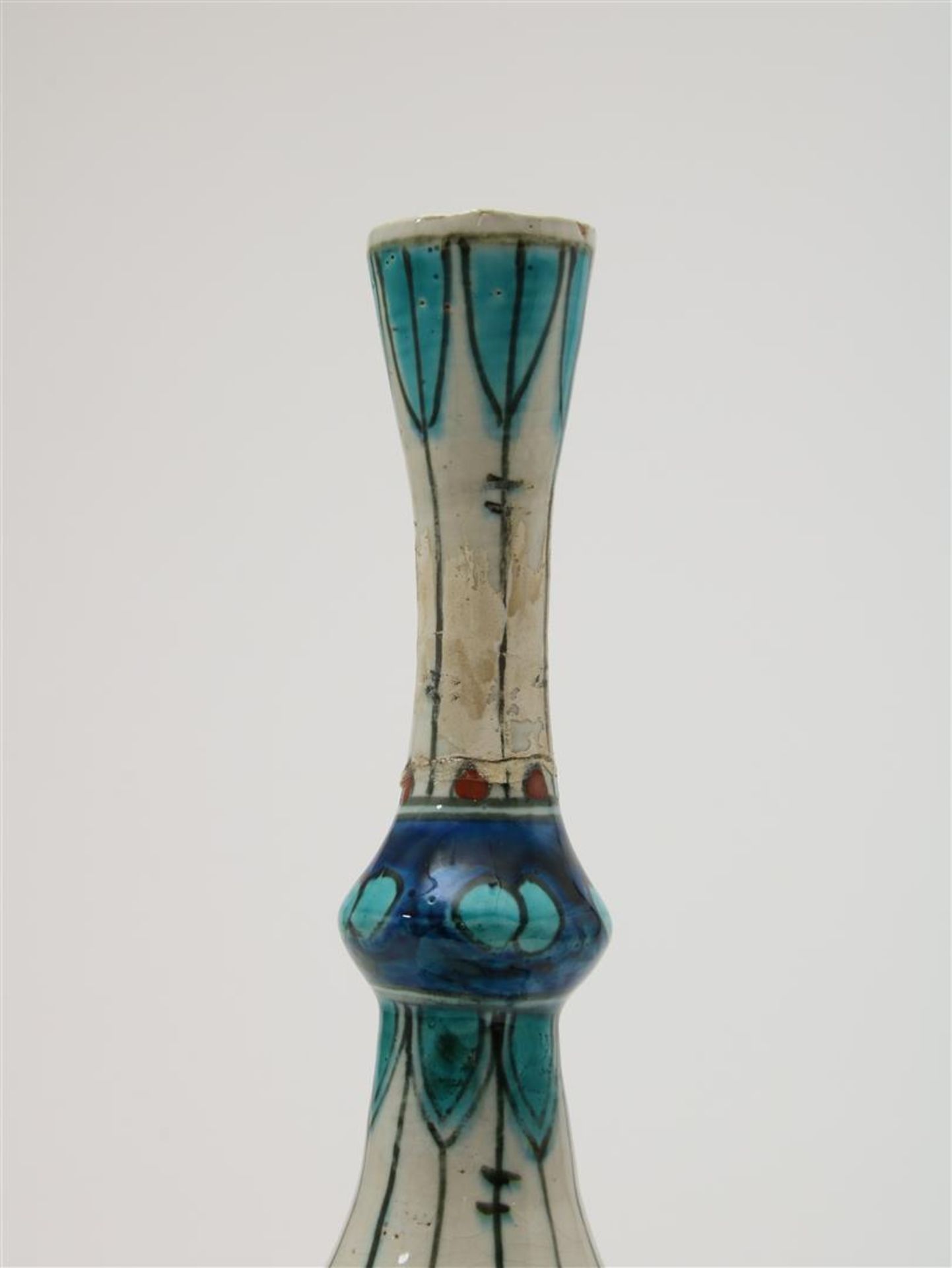 Polychrome earthenware 'New Delft' or 'Iznik' vase with narrow neck and Persian flower decor. - Image 4 of 8