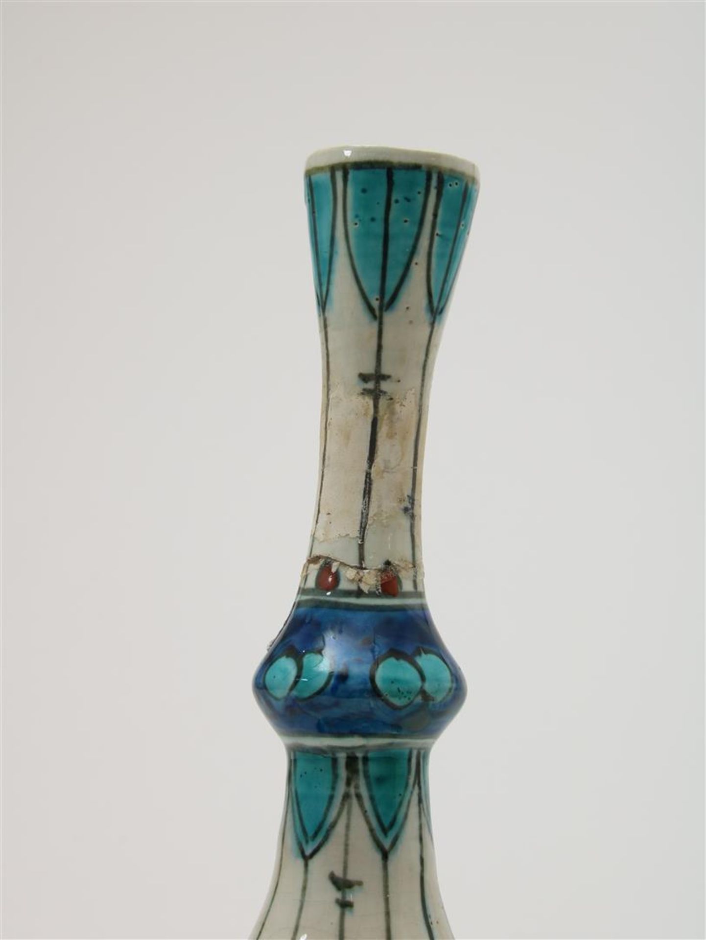 Polychrome earthenware 'New Delft' or 'Iznik' vase with narrow neck and Persian flower decor. - Image 5 of 8