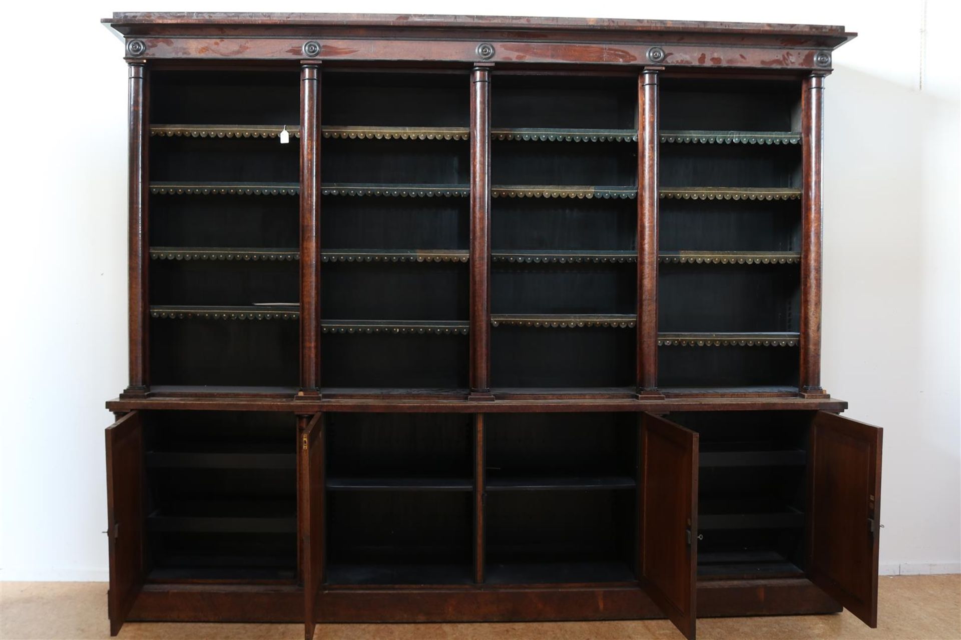 Walnut on oak veneered George bookcase with straight hood, upstand with 5 open compartments - Image 2 of 6