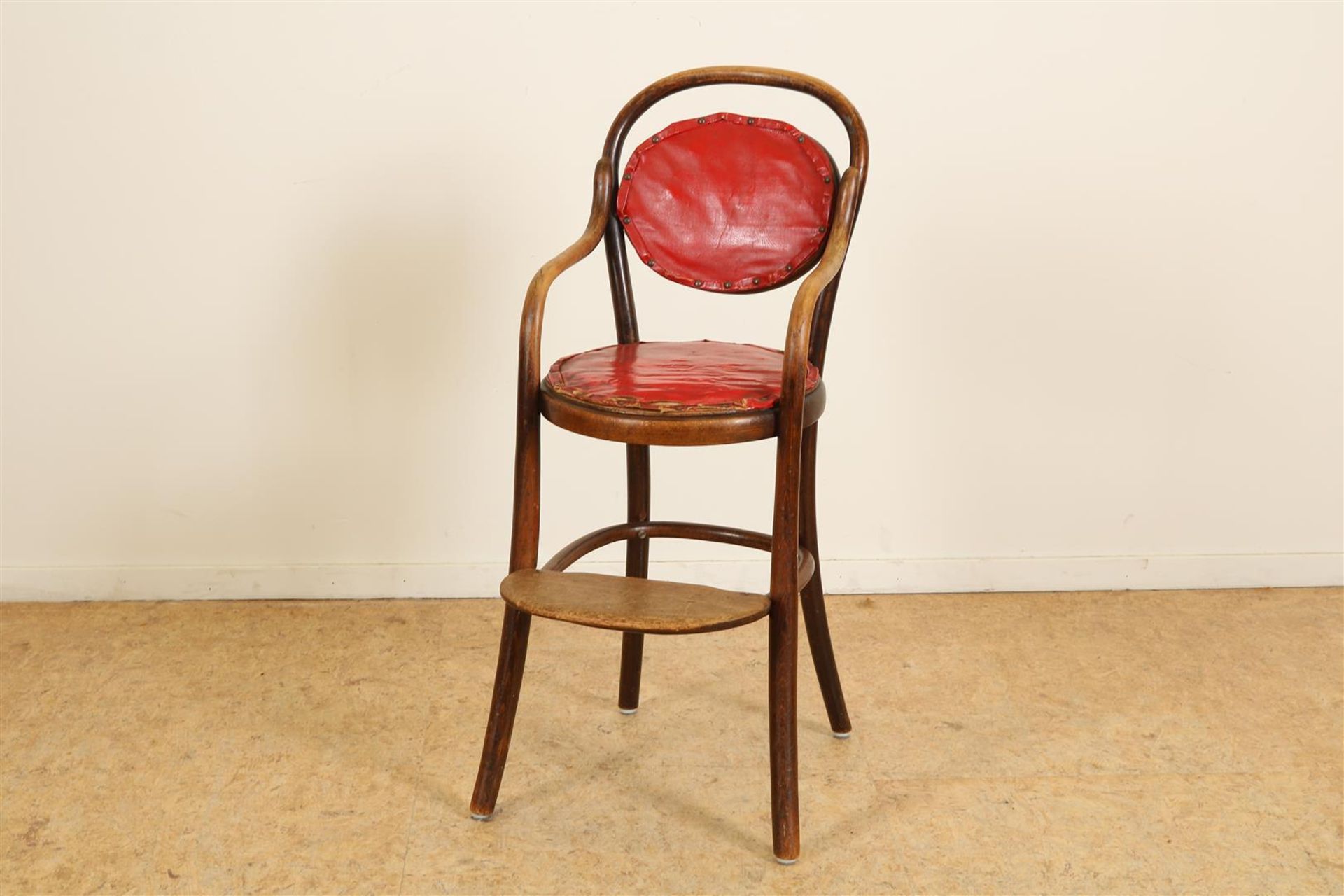 Curved beech wood children's chair, Fischel, Czechoslovakia, with red Sky upholstery.