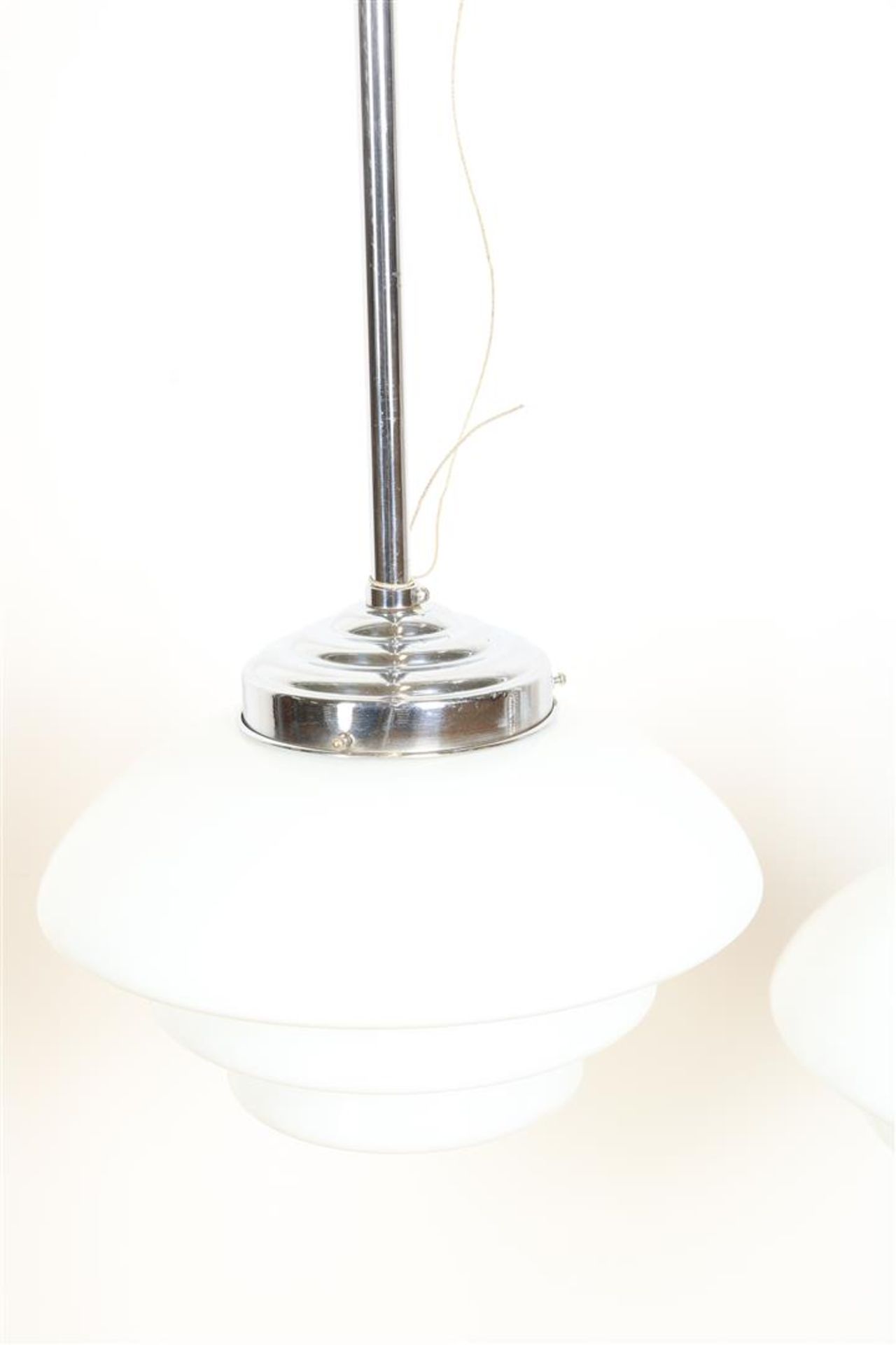 Set of partly chromed Gispen-style hanging lamps with opaline ball shades, h. 80 cm. - Image 2 of 3