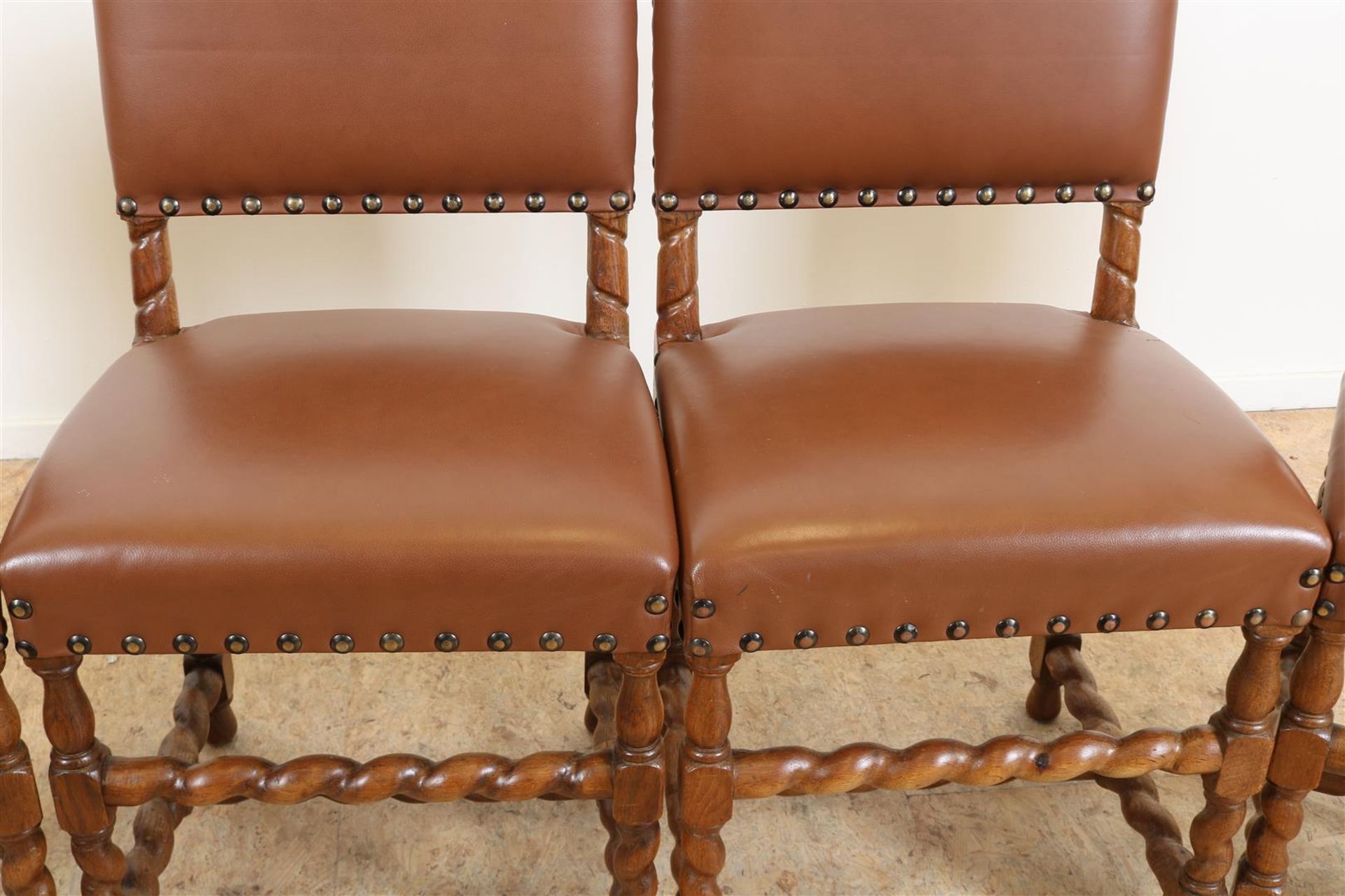 Series of 4 oak Renaissance-style chairs upholstered in brown leather. - Image 3 of 6