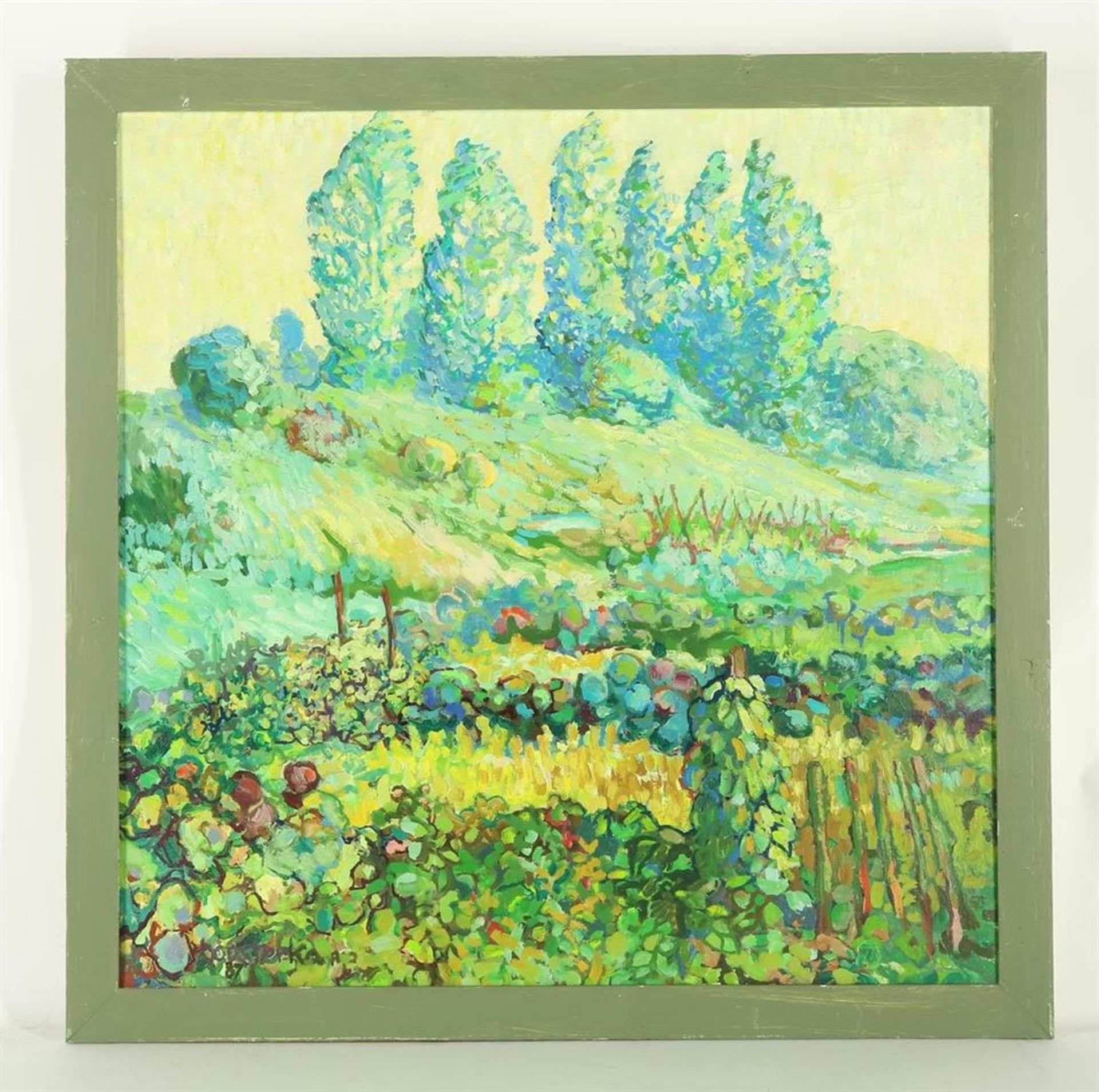 Colorful landscape with flowers, indistinctly signed and dated '87 l.l., canvas 78 x 78 cm. - Image 2 of 4