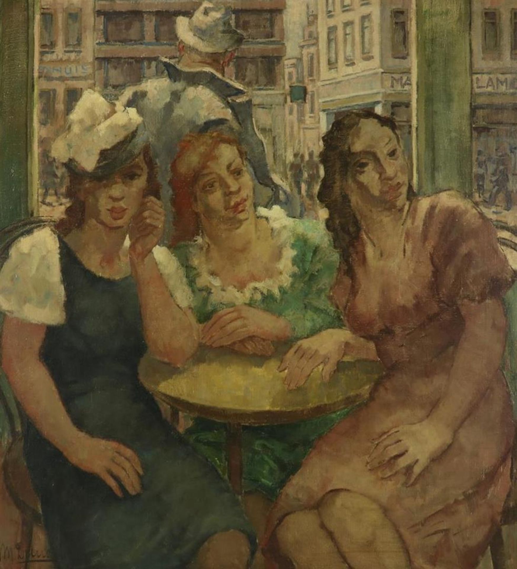 Mar Diemel (1903-1983) Ladies in the shopping street, signed lower left, canvas 110 x 98 cm.