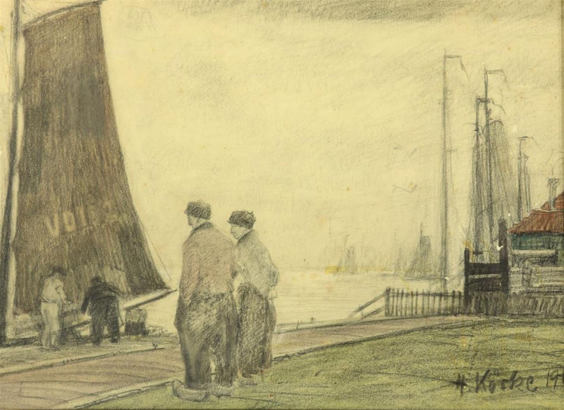 Hugo Köcke (1874-1956) Fishermen in Volendam harbour, signed and dated 1911 lower right, drawing/