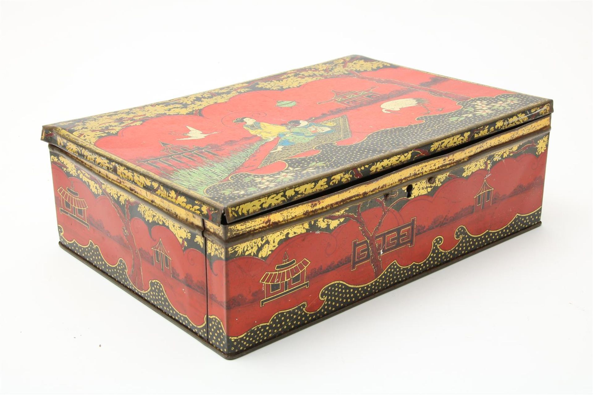 Tin shop biscuit tin with polychrome chinoiserie decoration of Chinese landscape with 2 ladies and