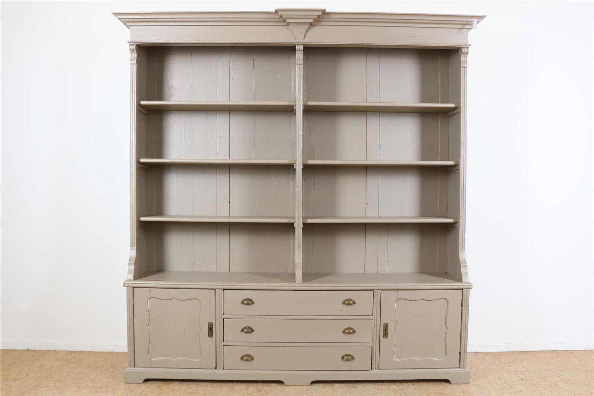 Gray painted elongated bookcase