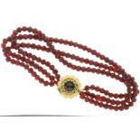 3-strand garnet bracelet with yellow gold clasp