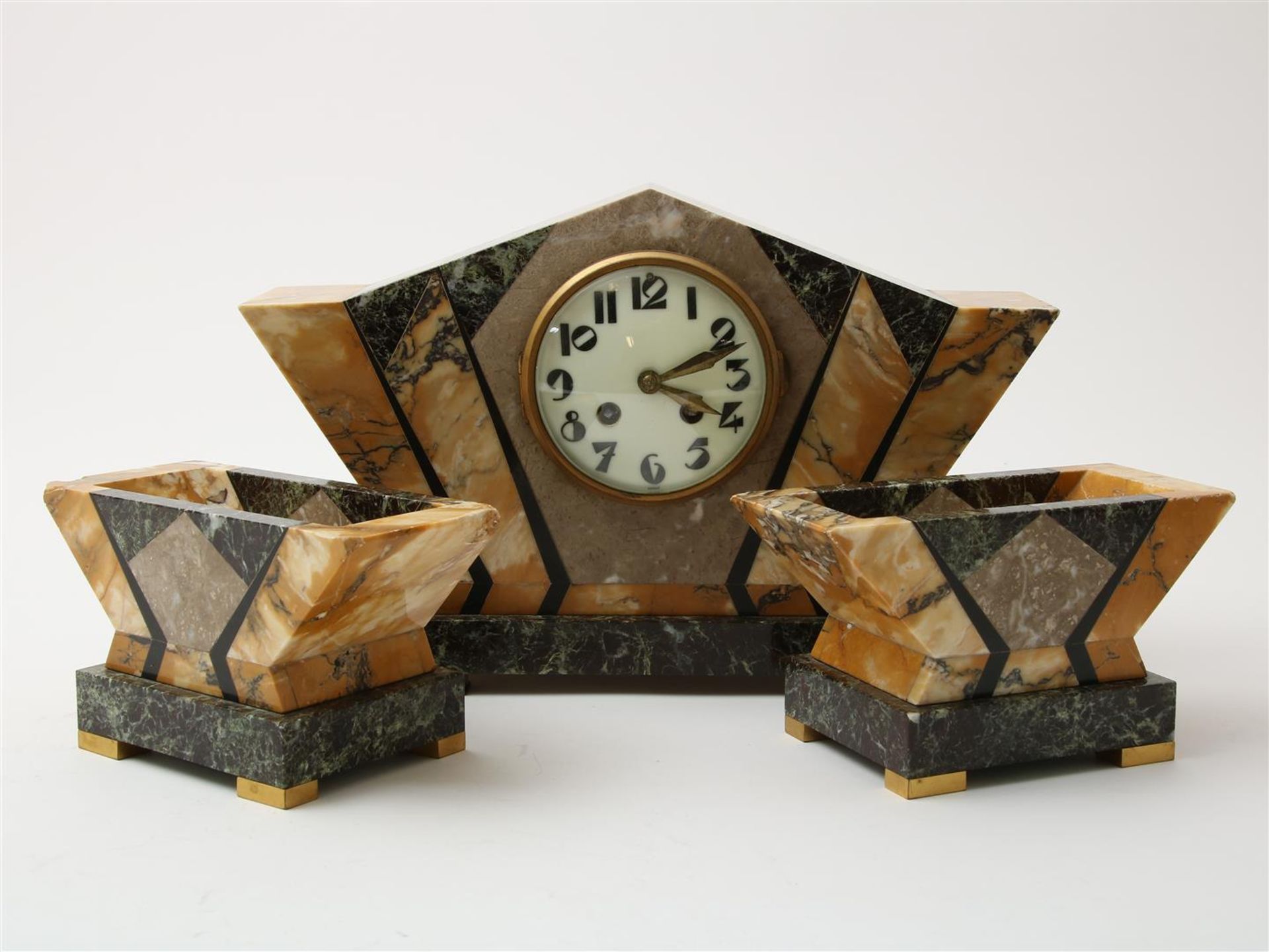 Marble clock set, Art Deco 3-piece mantel clock with 2 side pieces, made of 4 types of marble, - Image 2 of 4