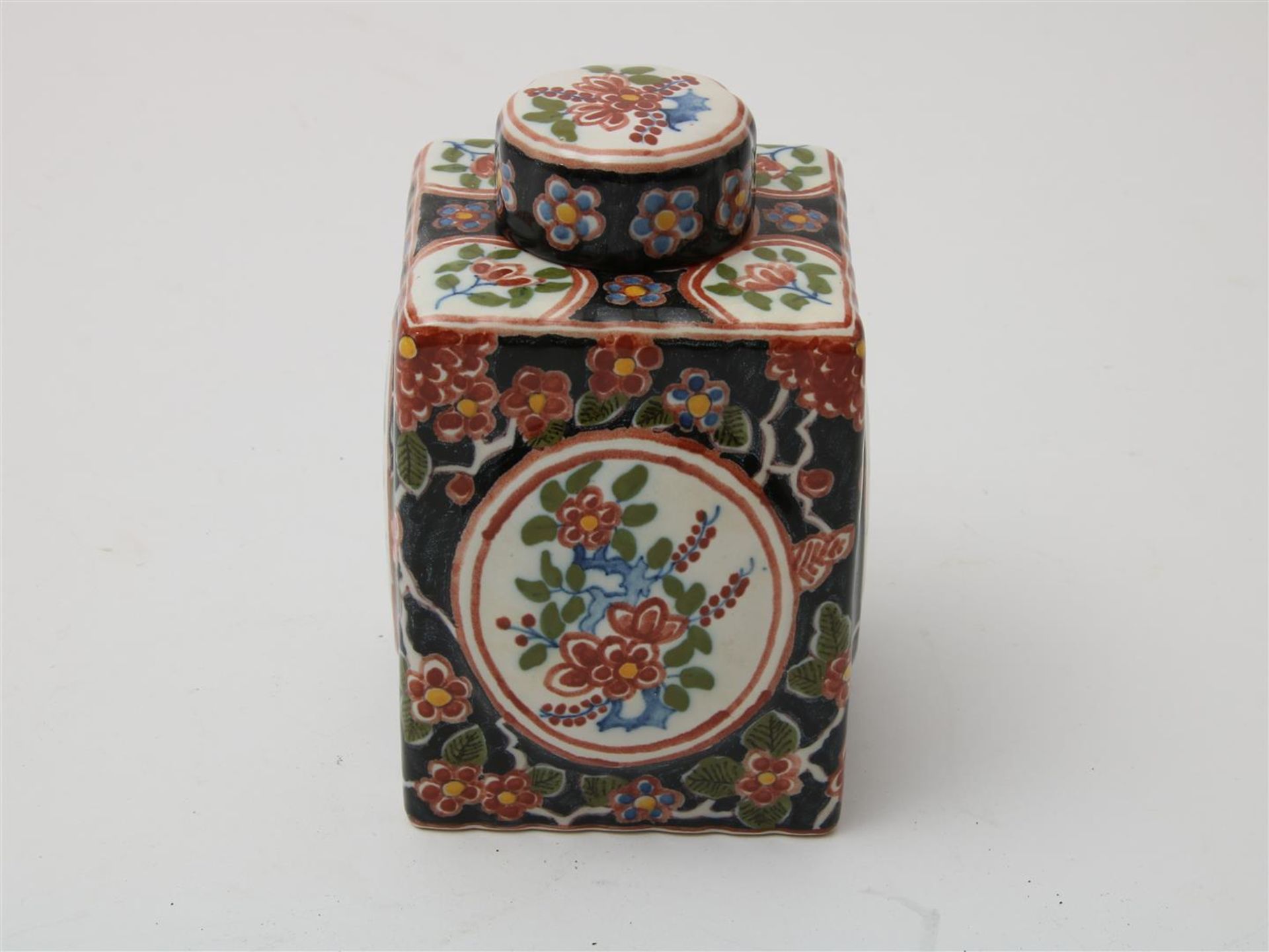 Lot of a polychrome earthenware candlestick, h. 21 cm., polychrome earthenware tea caddy, h. 13 - Image 6 of 9