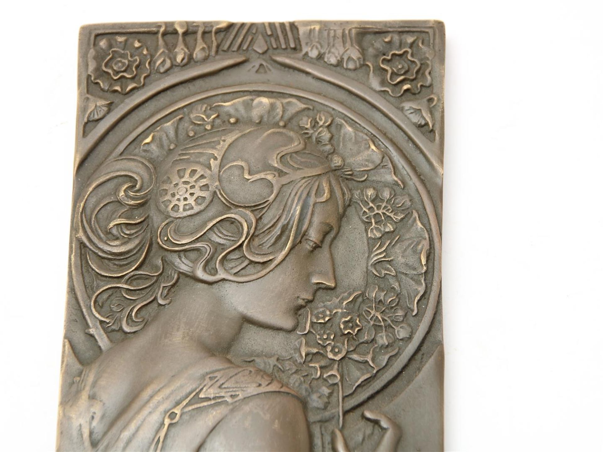Set of bronze Art Nouveau-style plaques with relief decor of female figures, after Mucha, 23 x 9 - Image 2 of 5
