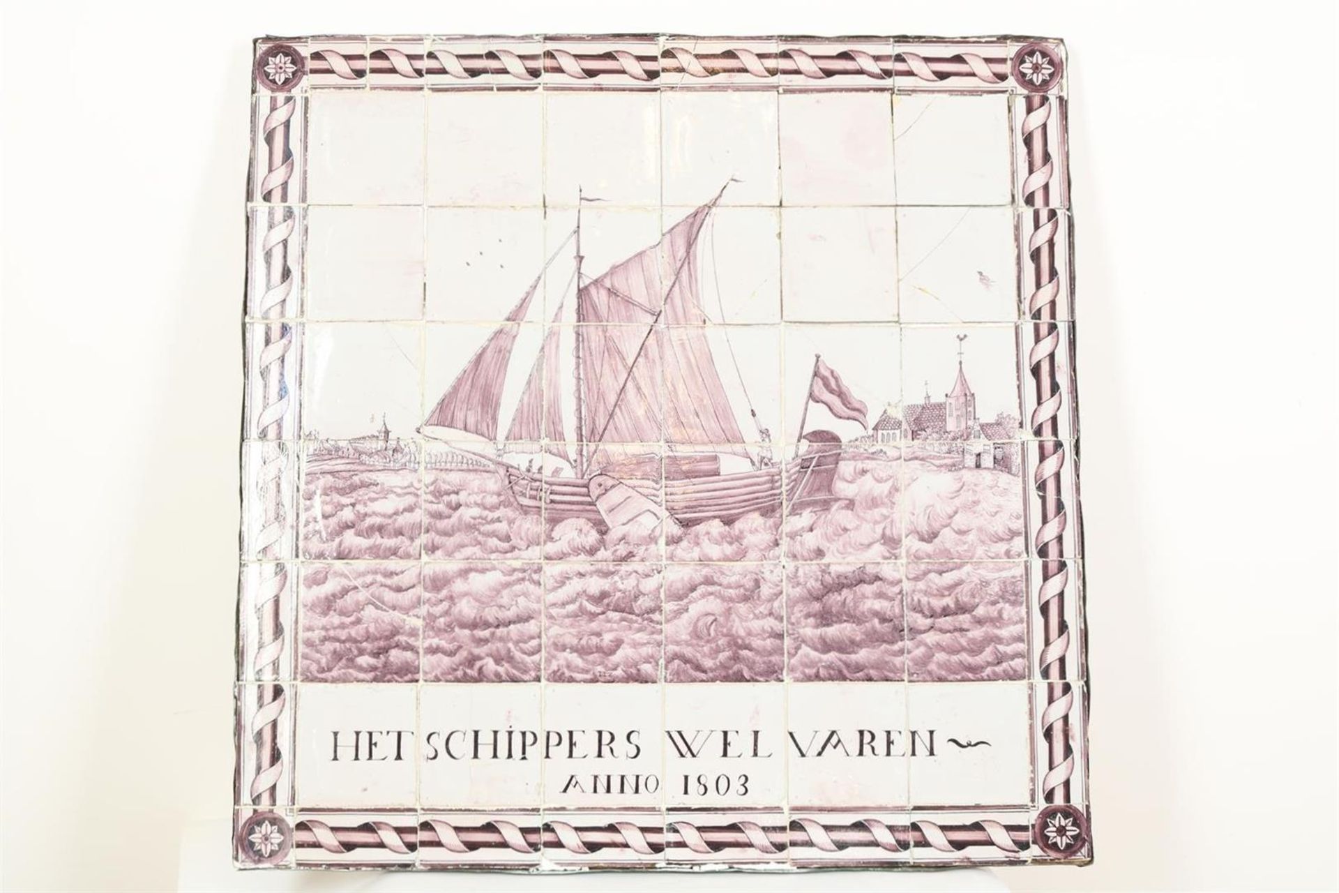 54 Pieces of tile tableau with central decor of a sailing ship along the coast and text: "The