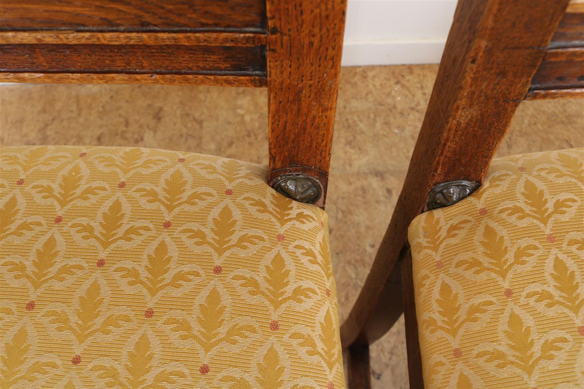 Series of 6 oak Renaissance-style chairs on vase legs connected by rules, early 20th century. - Image 5 of 6