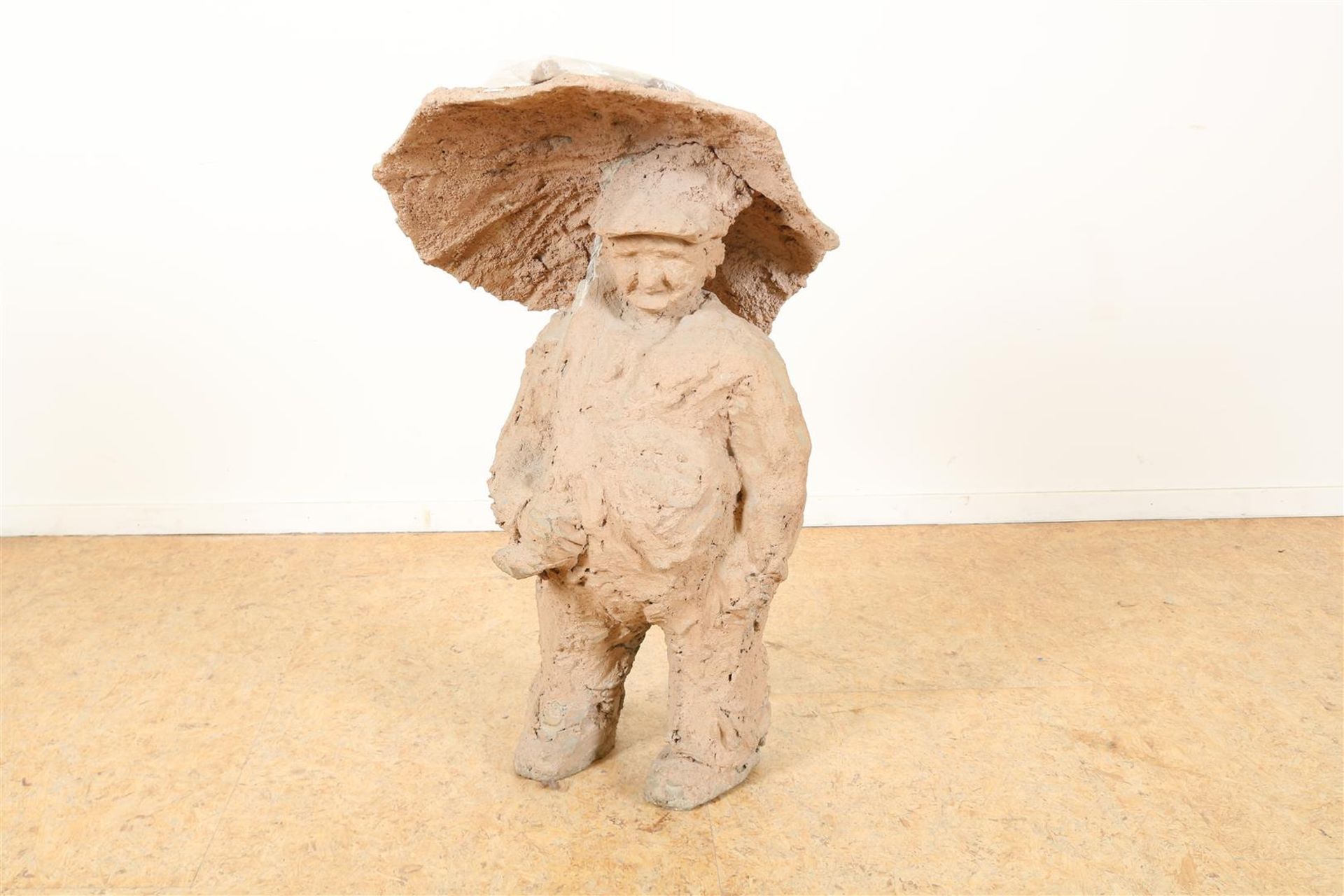 Ceramic sculpture of a farmer under umbrella (broken), attributed to Tineke Bot (1945), unsigned, h.