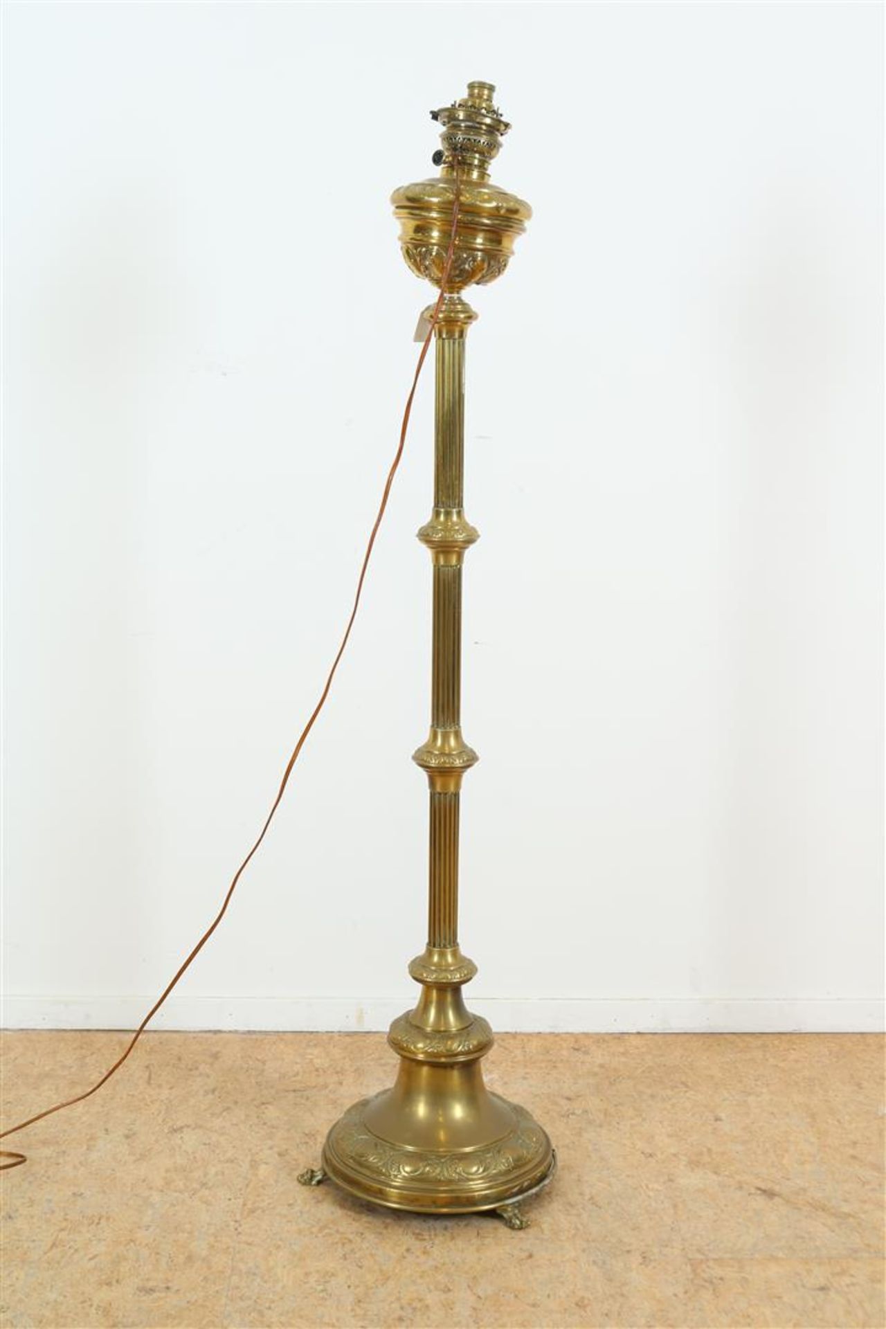 Brass oil lamp converted into a table lamp, circa 1930, 60-80.