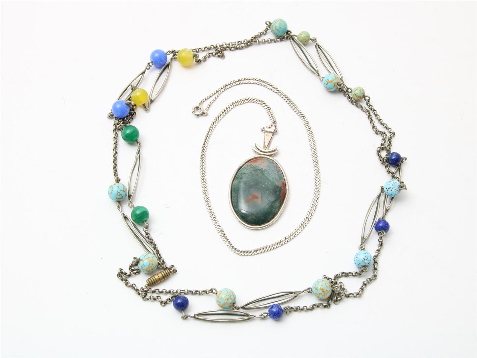Silver hanger with moss agate and necklace with various semi-precious stones