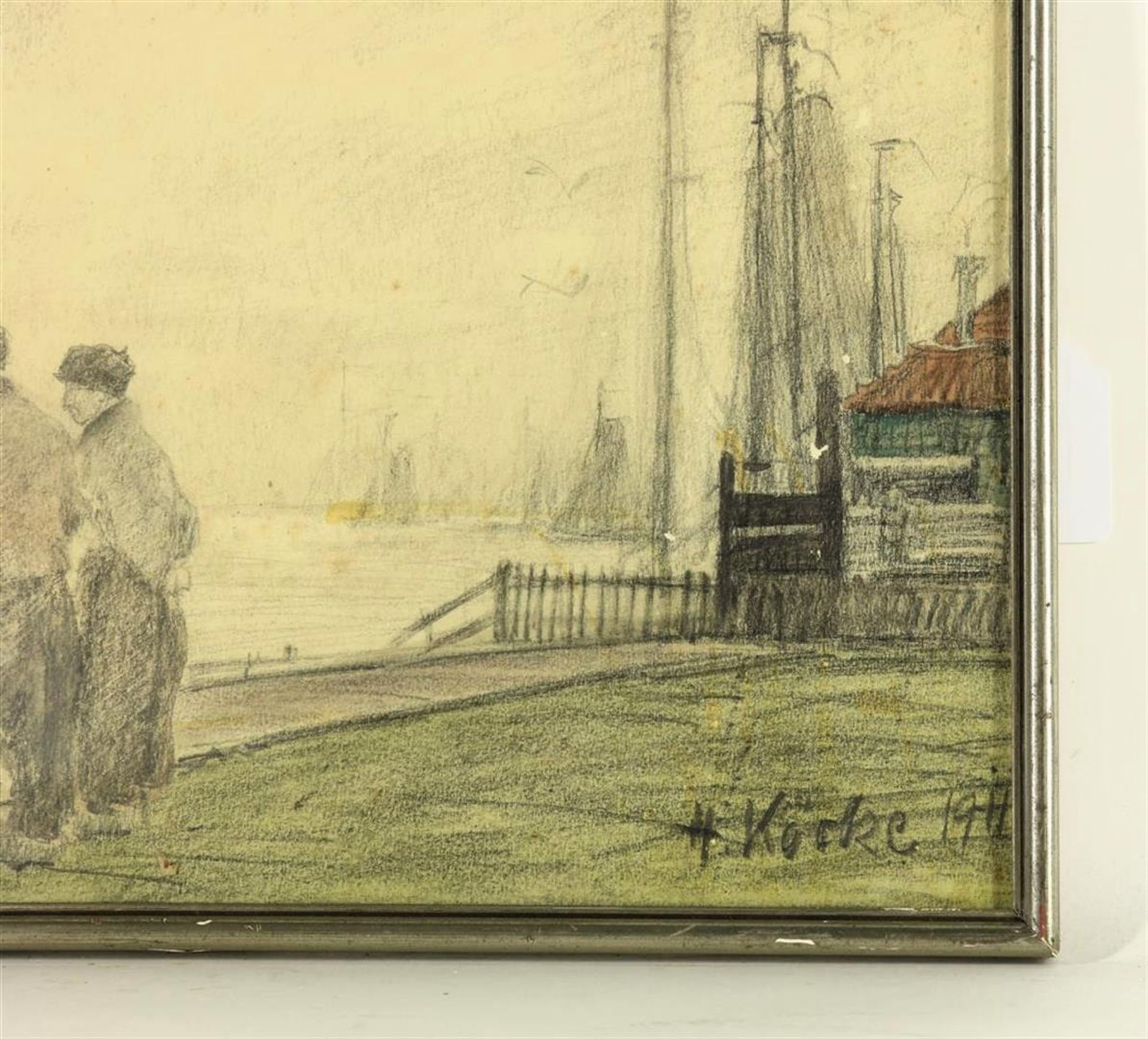 Hugo Köcke (1874-1956) Fishermen in Volendam harbour, signed and dated 1911 lower right, drawing/ - Image 3 of 4