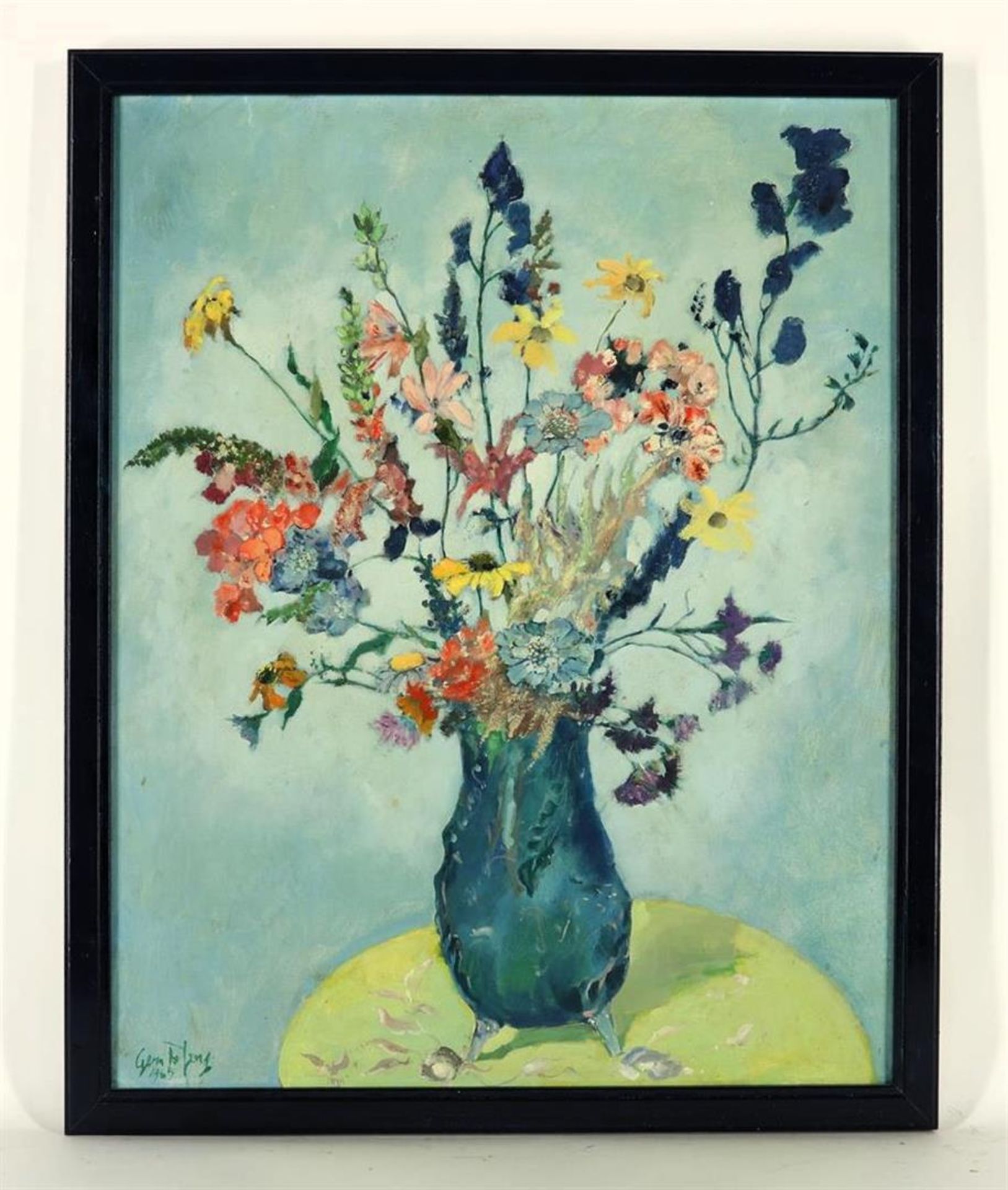 Germ de Jong (1886-1967) Flower still life, titled verso: "the decorated vase" signed and dated 1965 - Image 2 of 4
