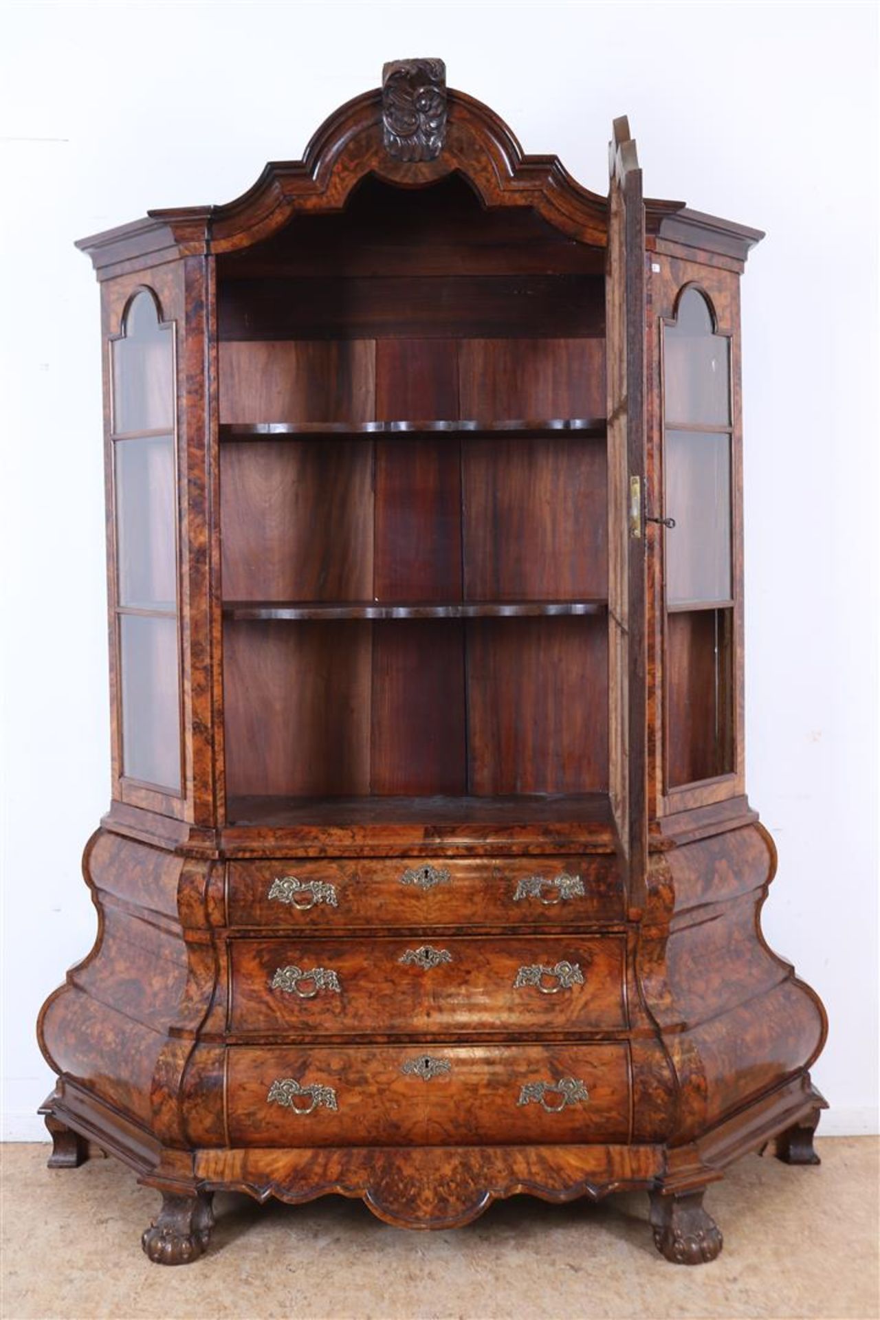 Burr walnut Louis XV-style China cabinet with corrugated crest single-pane glass door on 3 commanded - Image 2 of 6