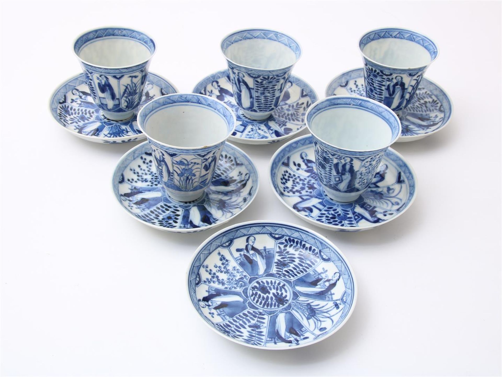 5 porcelain cups (1 hairline and 1 with chip) and six saucers (1 with chip, 1 glued) decorated in