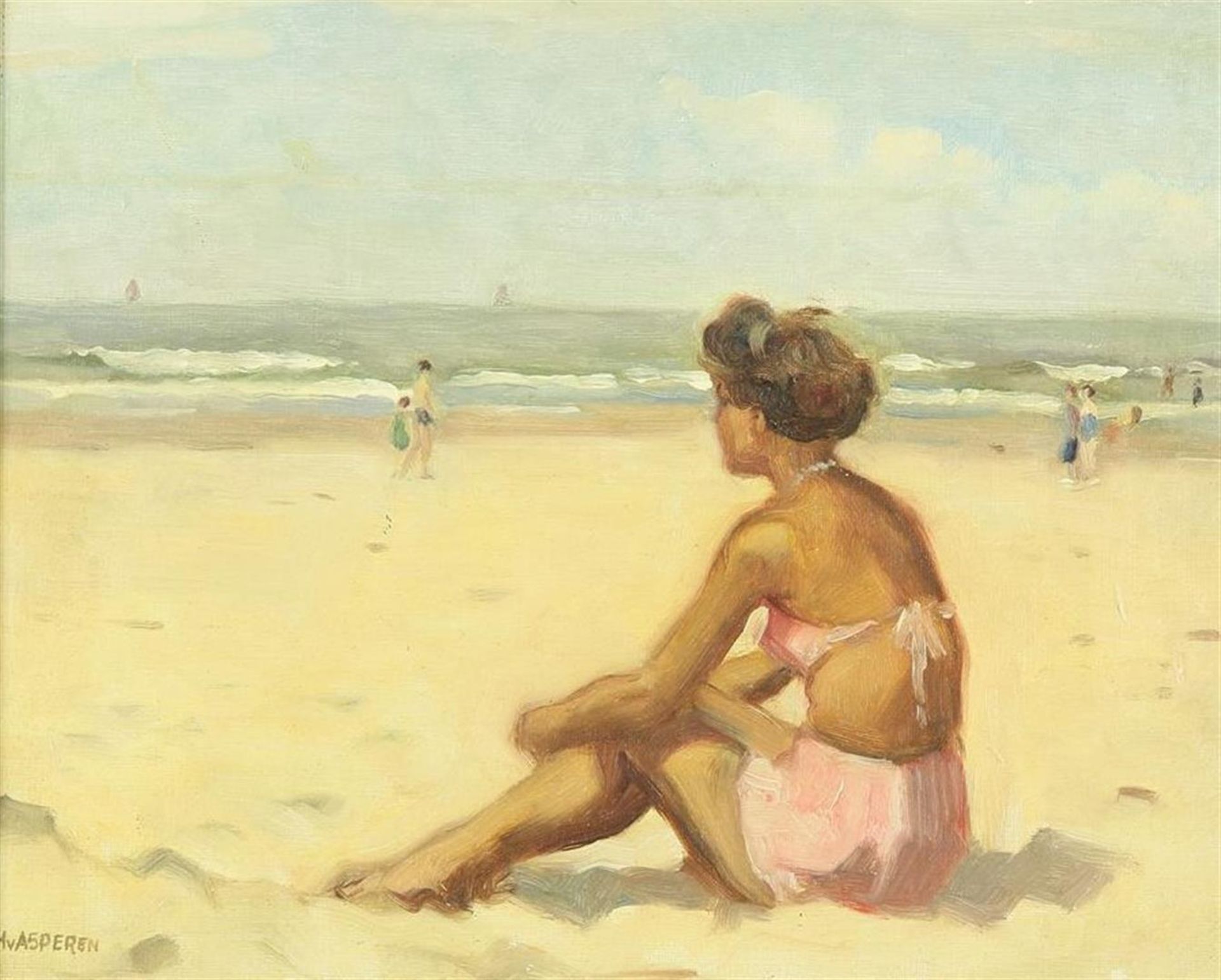 Piet Hein Asperen van (1895-1969) Sunbathing on the beach, signed l.l., canvas, 24.5 x 31 cm.