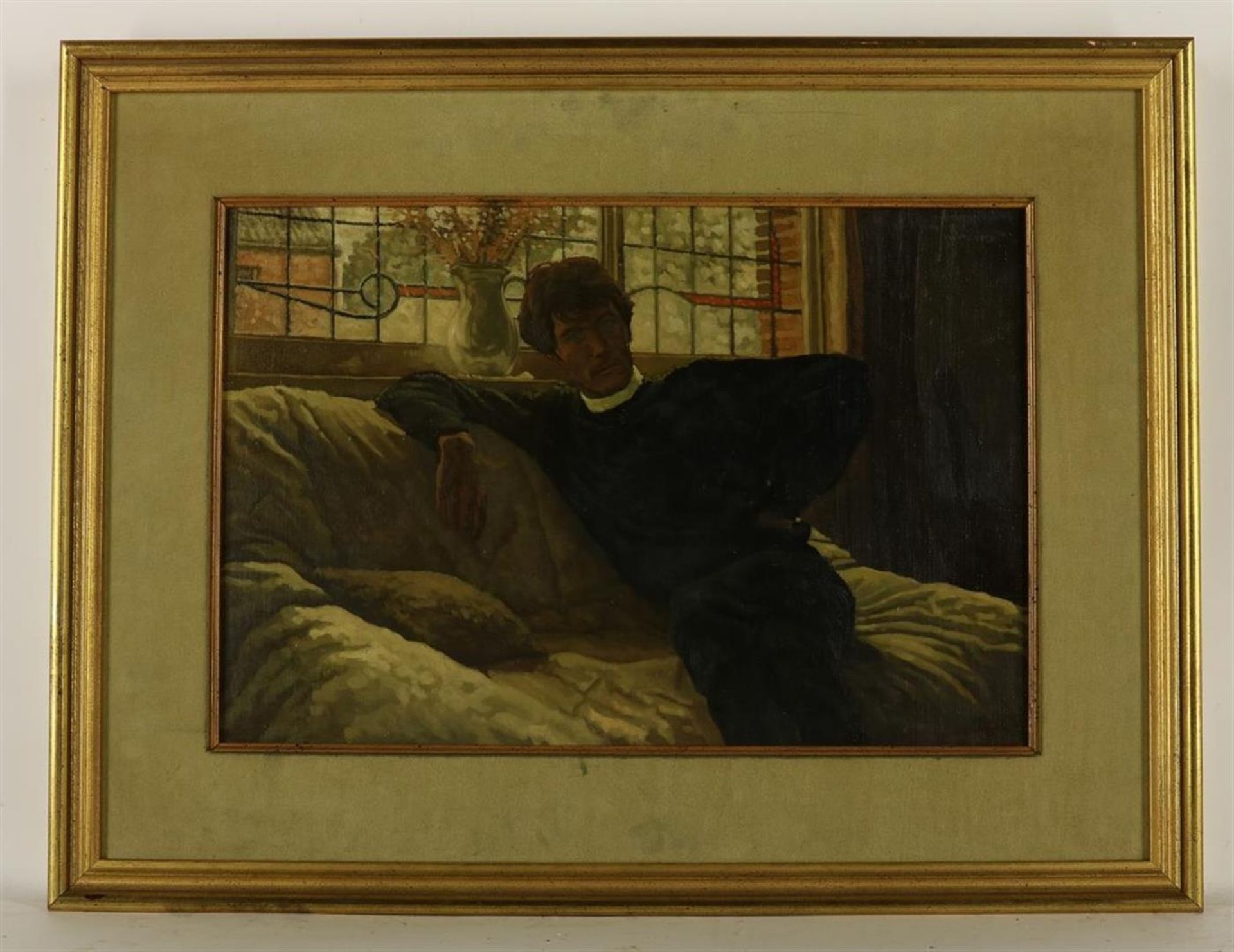 Man sitting on sofa, marouflé. signed upper right. - Image 2 of 4