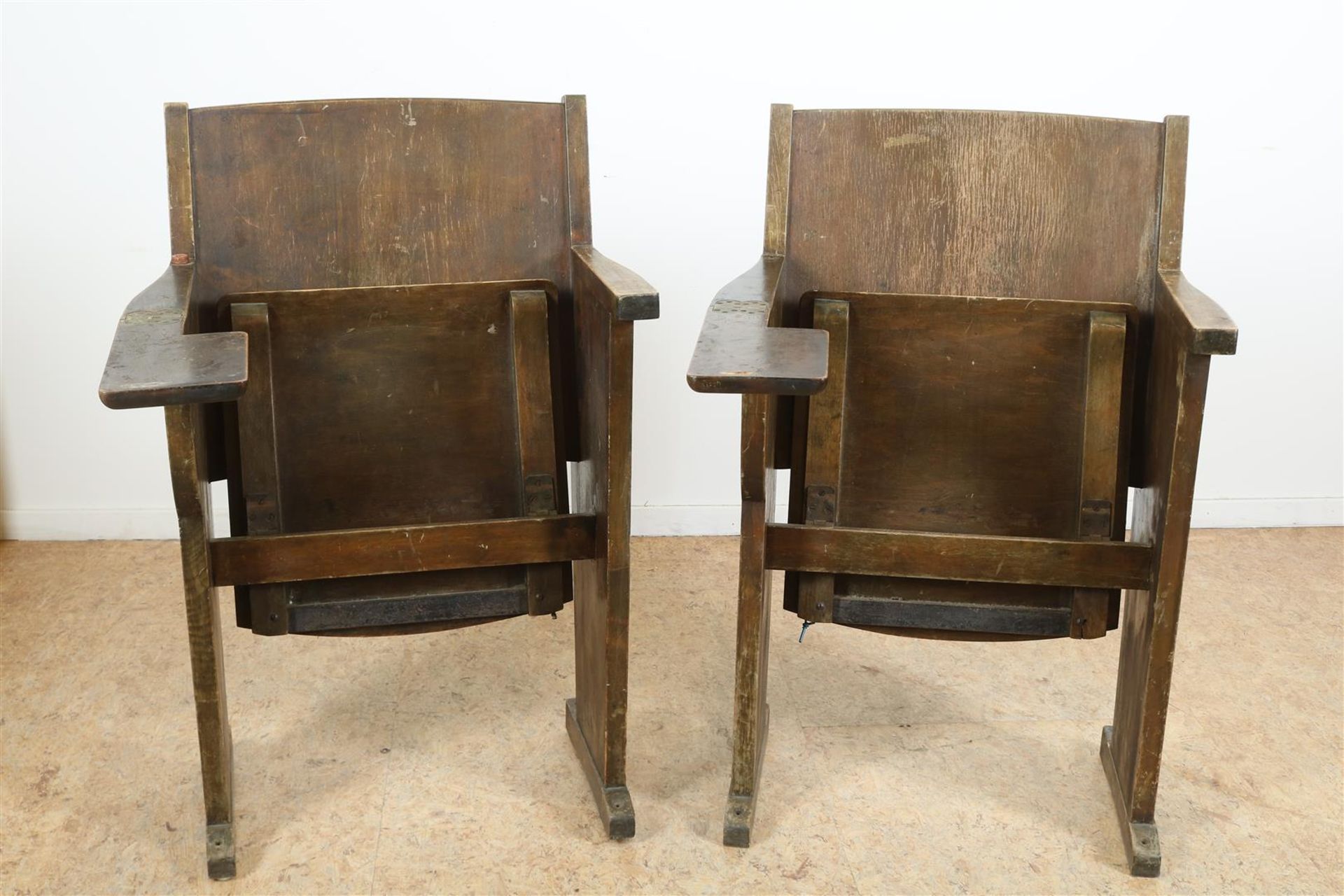 Two wooden folding chairs with folding armrests, probably from a lecture hall - Image 2 of 4