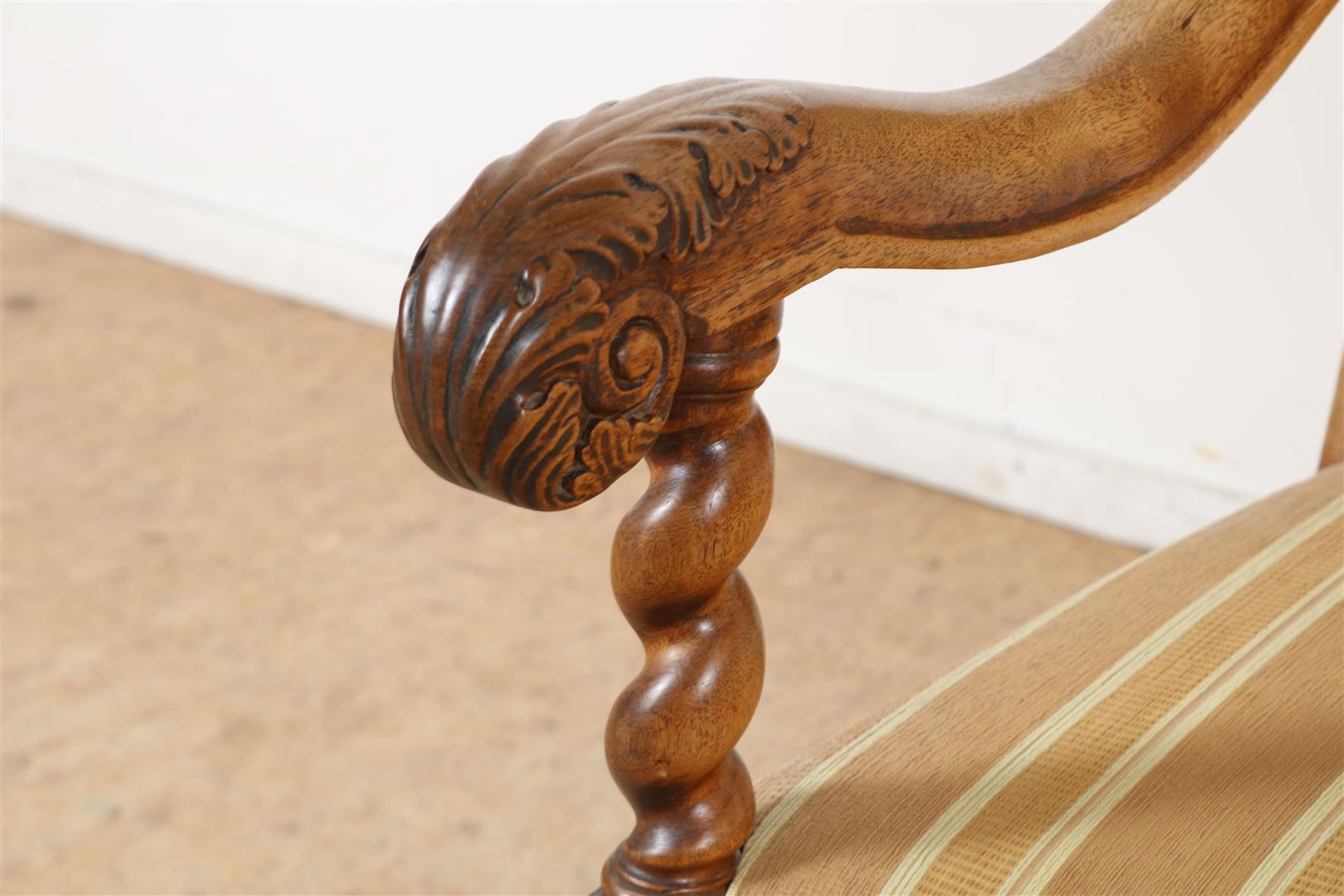 Walnut armchair with striped upholstery and carved acanthus leaves on the armrest. - Image 2 of 5