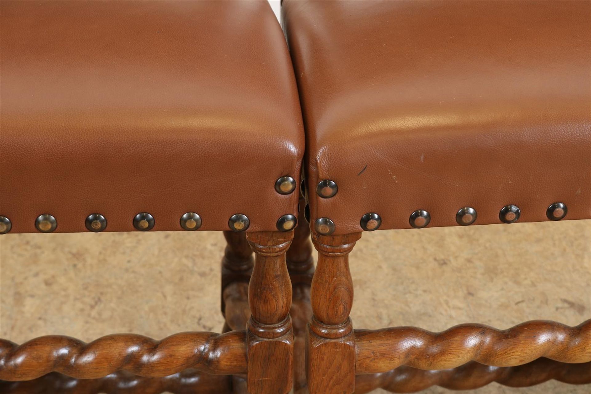 Series of 4 oak Renaissance-style chairs upholstered in brown leather. - Image 4 of 6