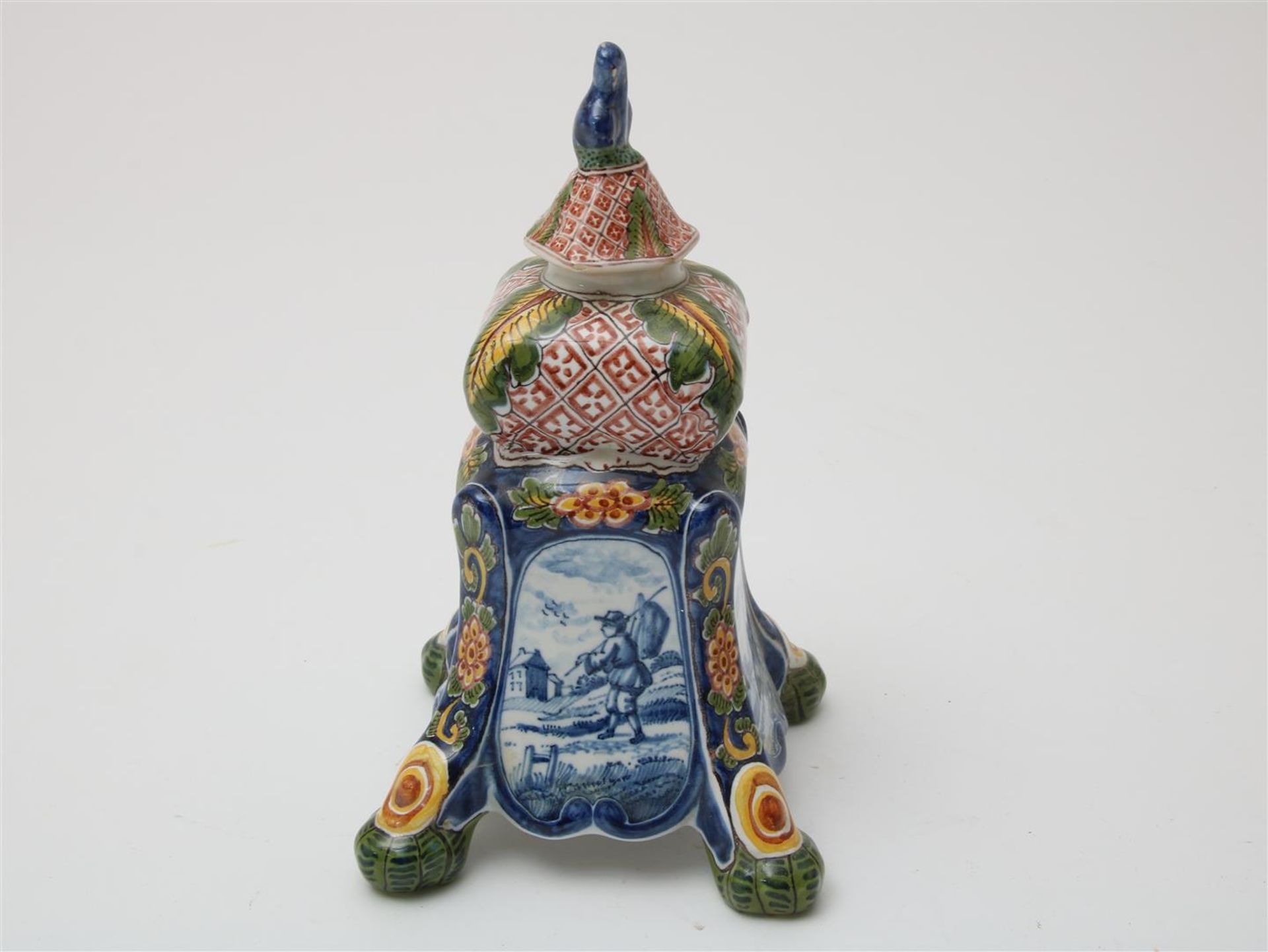 Lot of a polychrome earthenware candlestick, h. 21 cm., polychrome earthenware tea caddy, h. 13 - Image 3 of 9