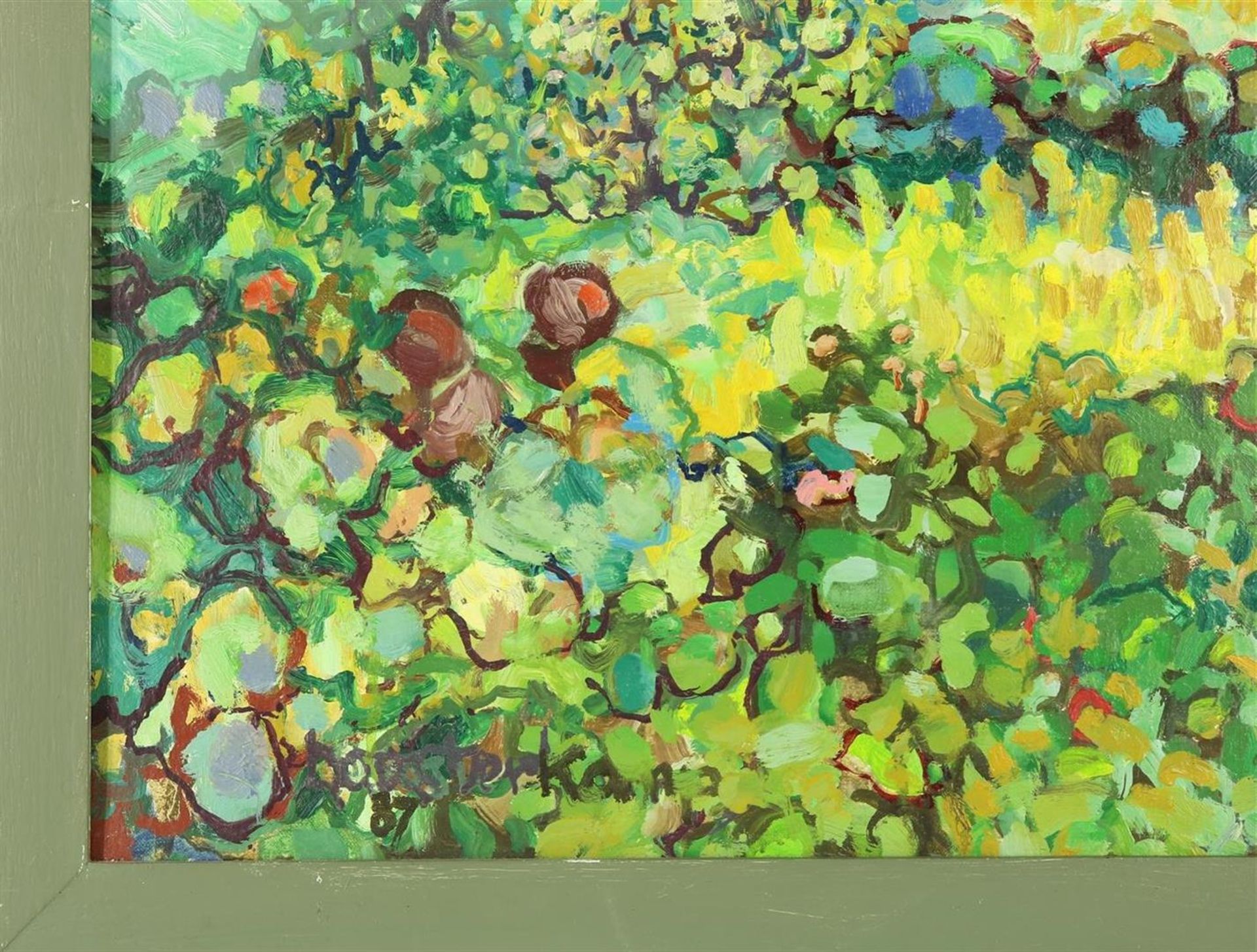 Colorful landscape with flowers, indistinctly signed and dated '87 l.l., canvas 78 x 78 cm. - Image 3 of 4