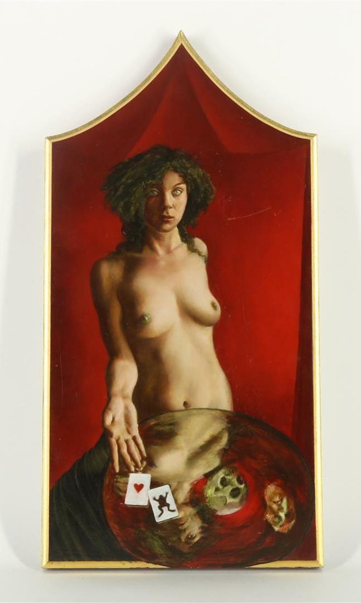 Cas Waterman (1958-) Nude, titled: "the fortune teller" signed l.l. Panel 39 x 20 cm.
