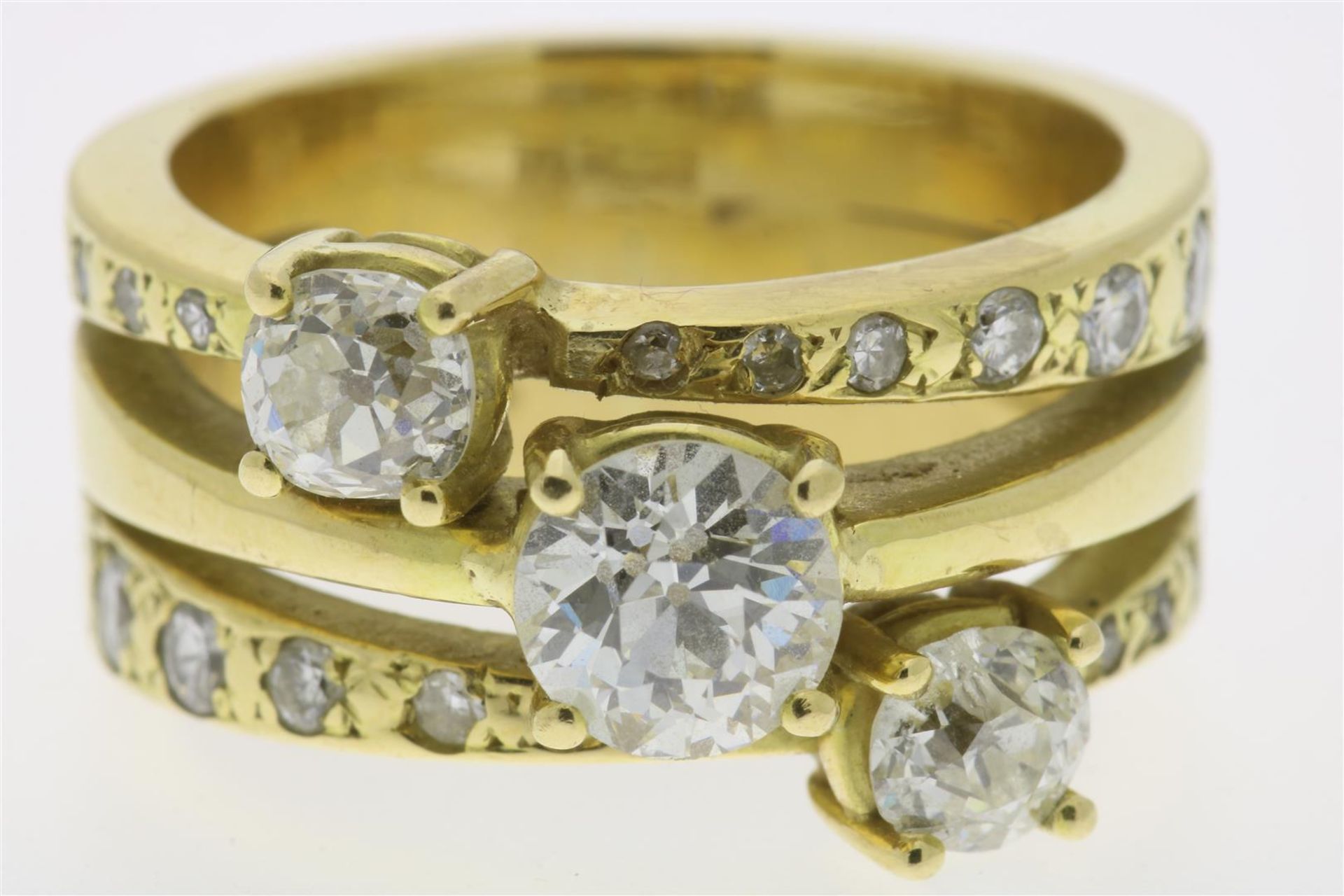 Yellow gold 3 double band ring set with old cut diamonds, approx. 1.4 ct., alloy 585/000, 17.8 gr.