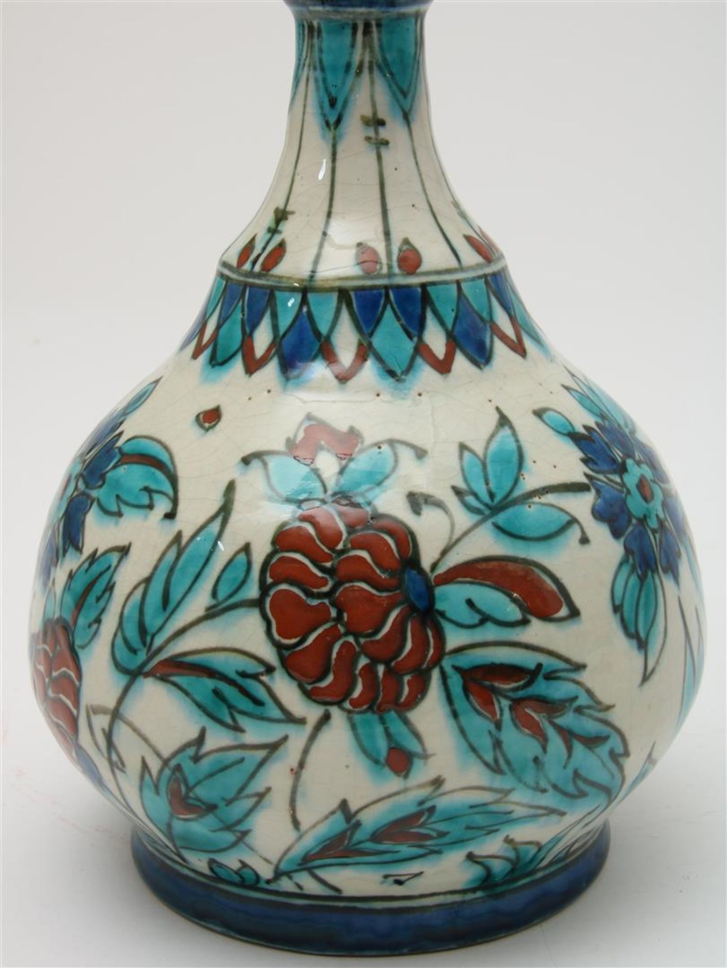 Polychrome earthenware 'New Delft' or 'Iznik' vase with narrow neck and Persian flower decor. - Image 2 of 8