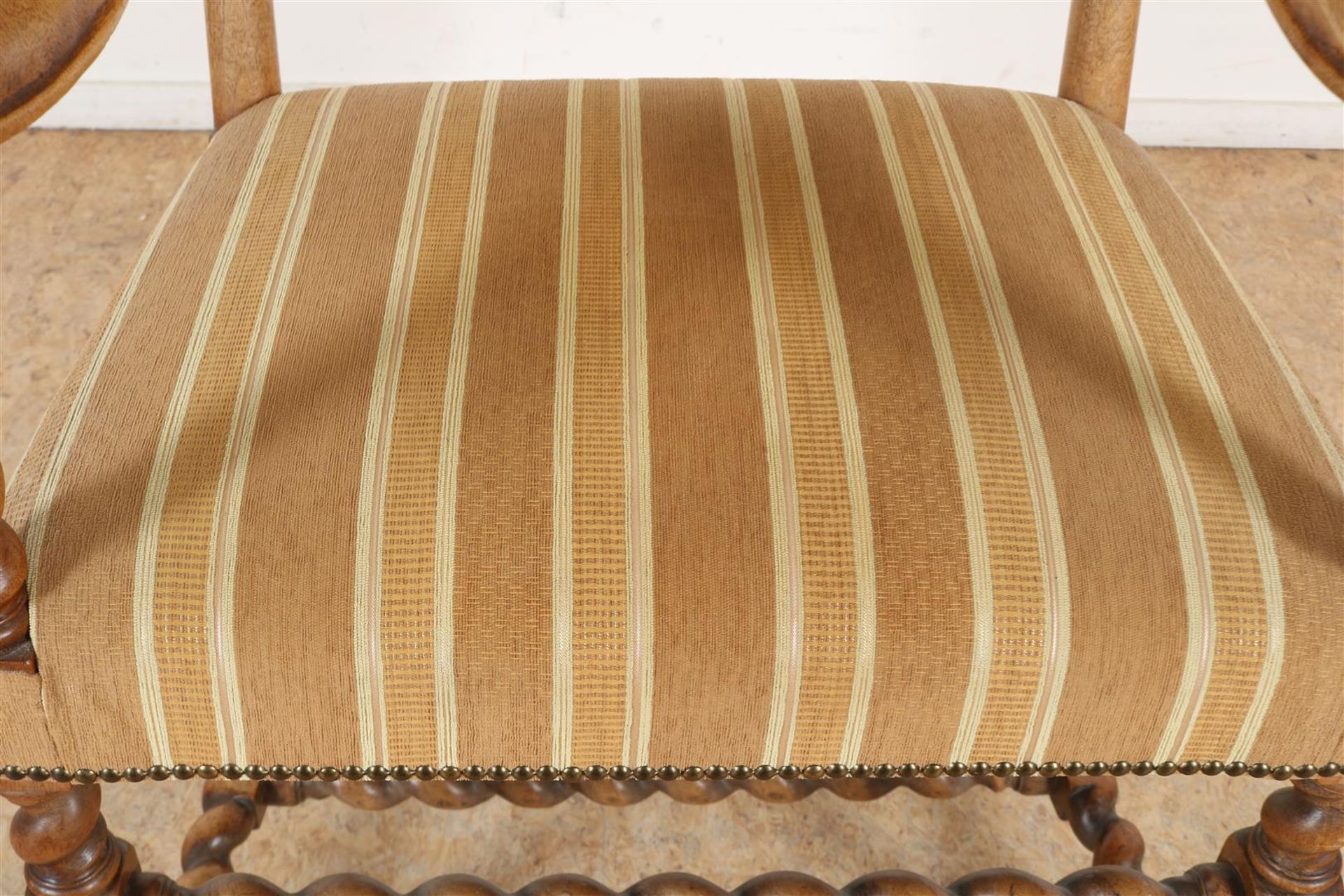 Walnut armchair with striped upholstery and carved acanthus leaves on the armrest. - Image 4 of 5