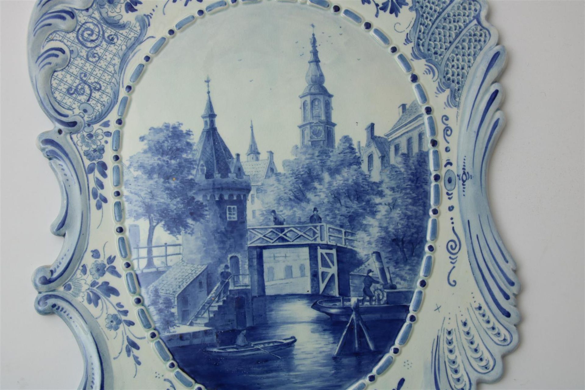 Set Delft blue pottery plaques with decor of Amsterdam canal view, marked on the back, h. 50, w. - Image 6 of 10