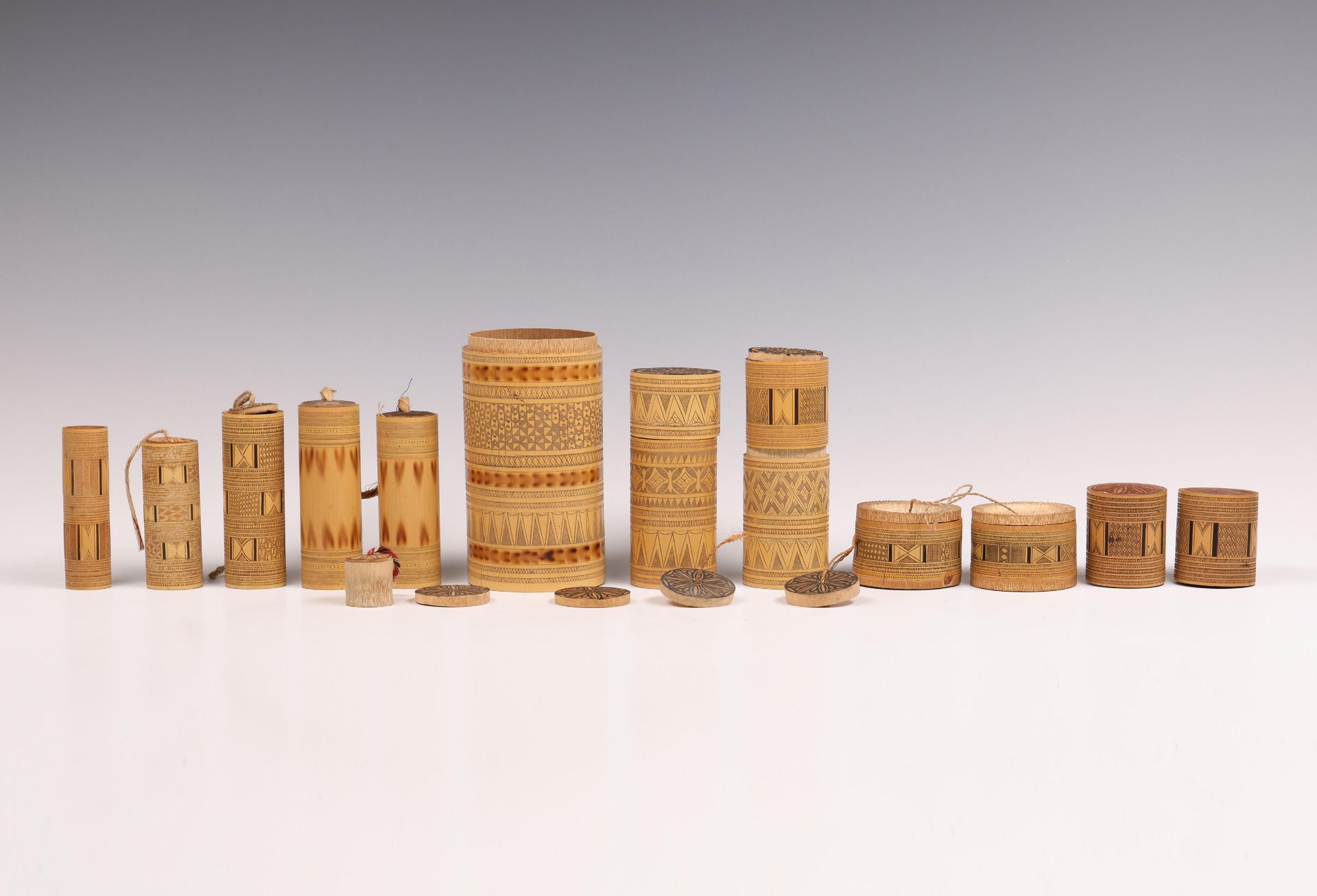 Sulawesi, Toraja, a collection of twelve various bamboo containers.