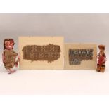 Peru, Nazca two textile fragments, 400 - 600 AD and Peru, two dolls clothed with Chancay textile 120