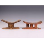 Mali, Tellem, a neck rest and Dogon, a painted geometrically carved wooden neck rests,