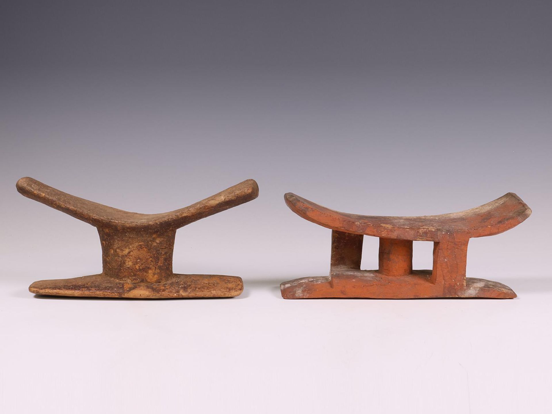 Mali, Tellem, a neck rest and Dogon, a painted geometrically carved wooden neck rests,