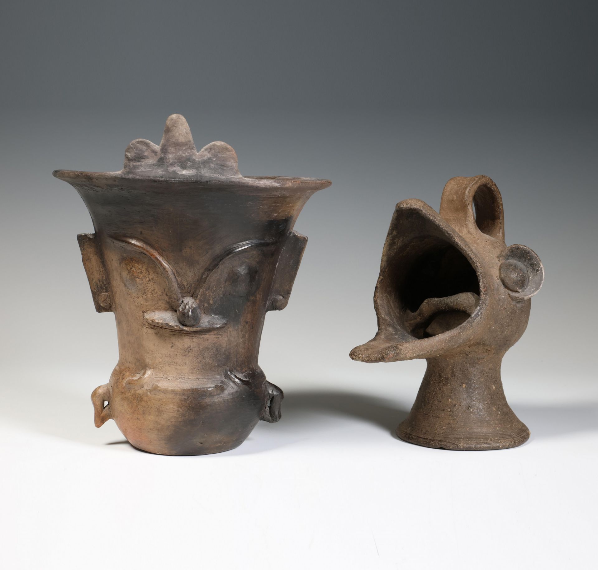 Mexico, two antique terracotta pots, probably Mayan one in the shape of an anthropomorphic figure an