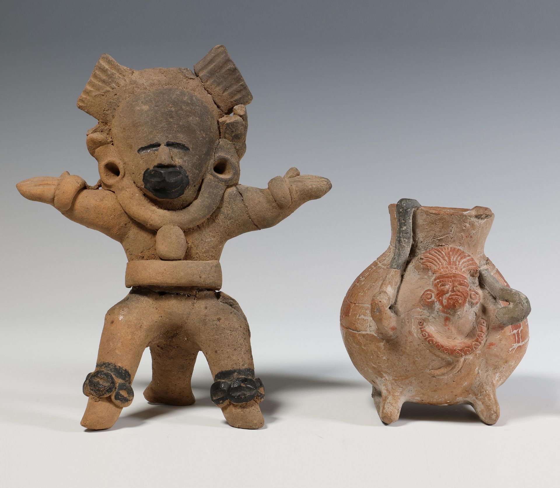 Mexico, Vera Cruz, a standing terracotta priest figure, ca. 400 AD and a Equador, terracotta priest