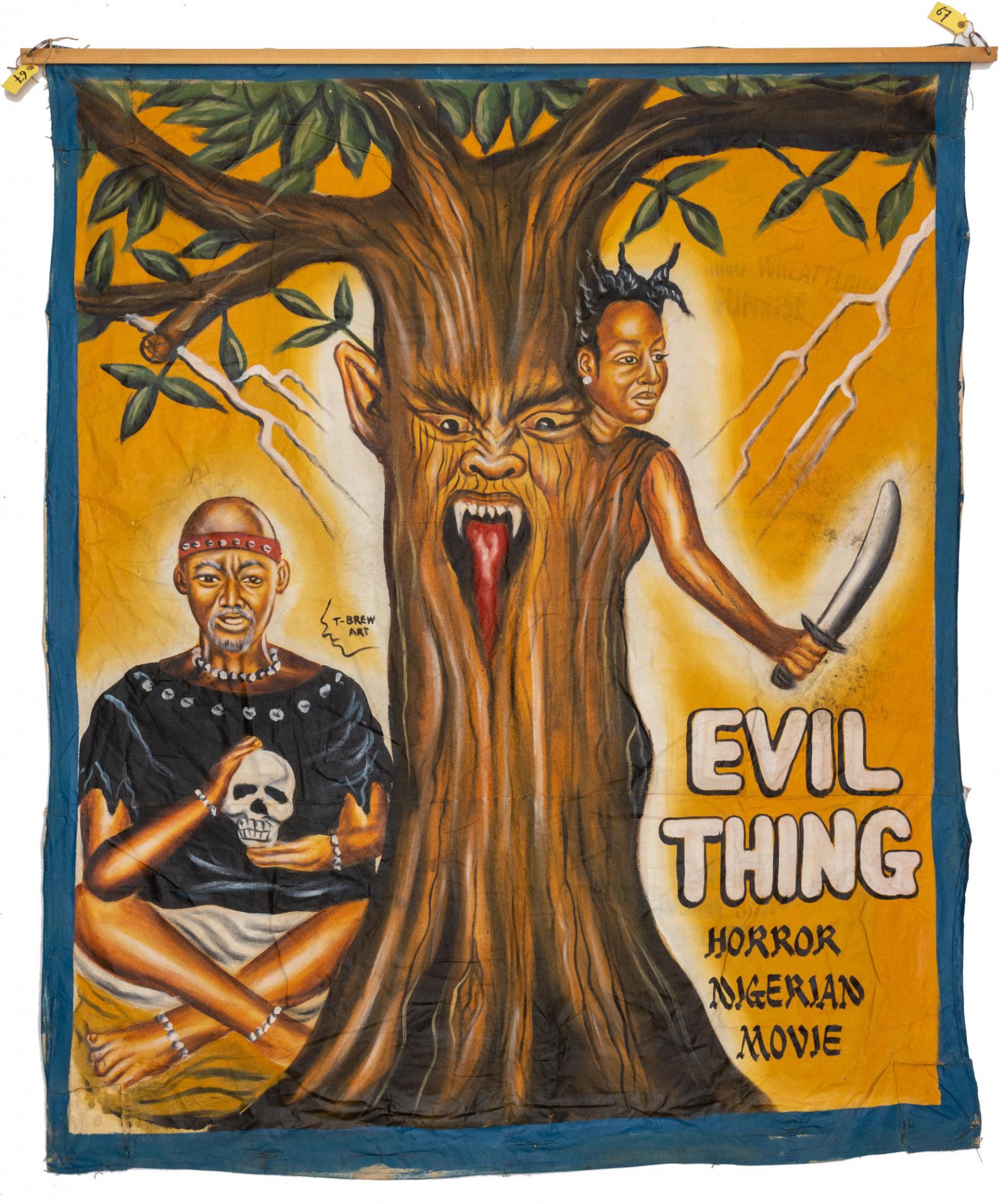 Ghanaian handpainted film poster of the Nigerian movie "Evil Thing aka Powerful tree' signed T Brew