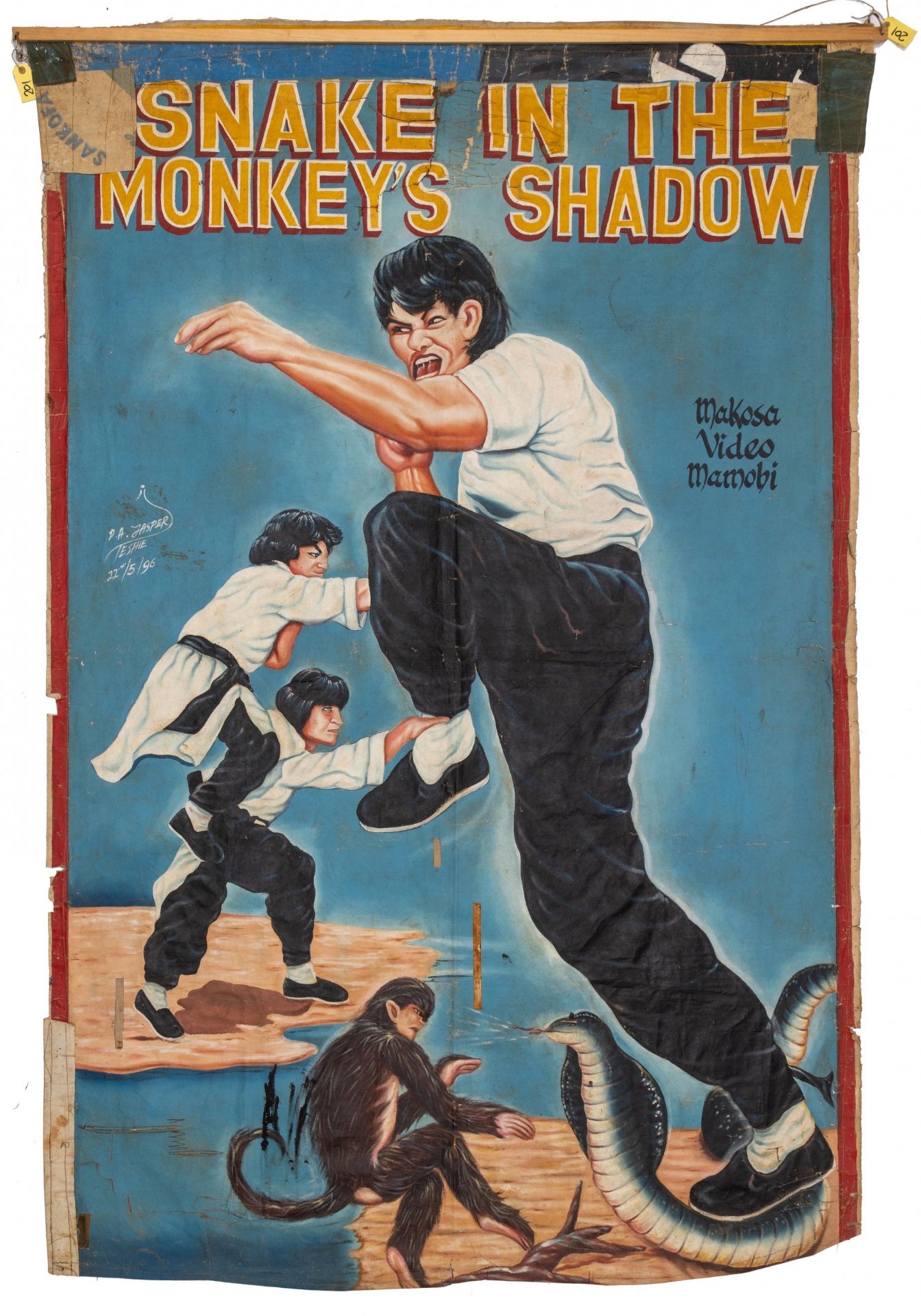 Ghanaian handpainted film poster of the Hongkong Kung Fu movie 'Snake in the Monkey's Shadow', signe