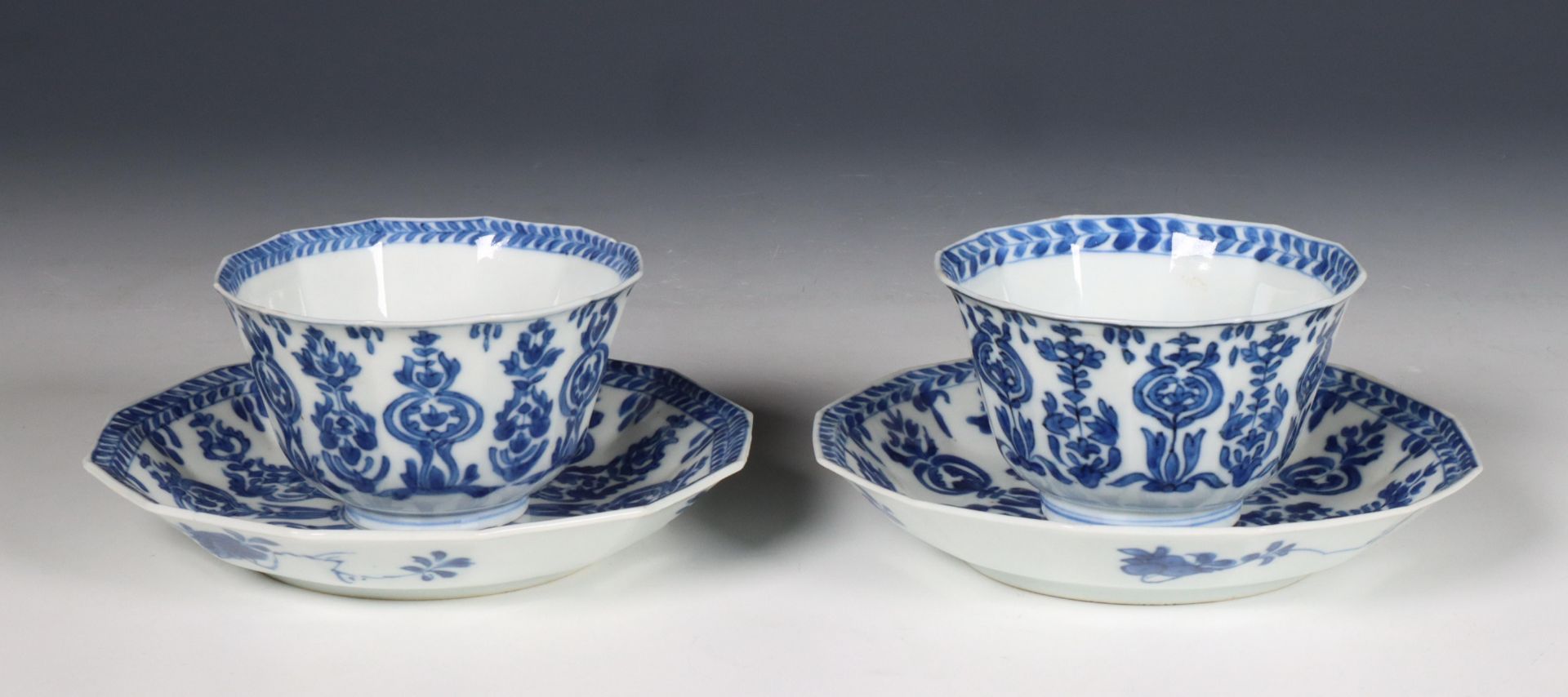China, pair of canted blue and white porcelain teacups and saucers, Kangxi period (1662-1722),