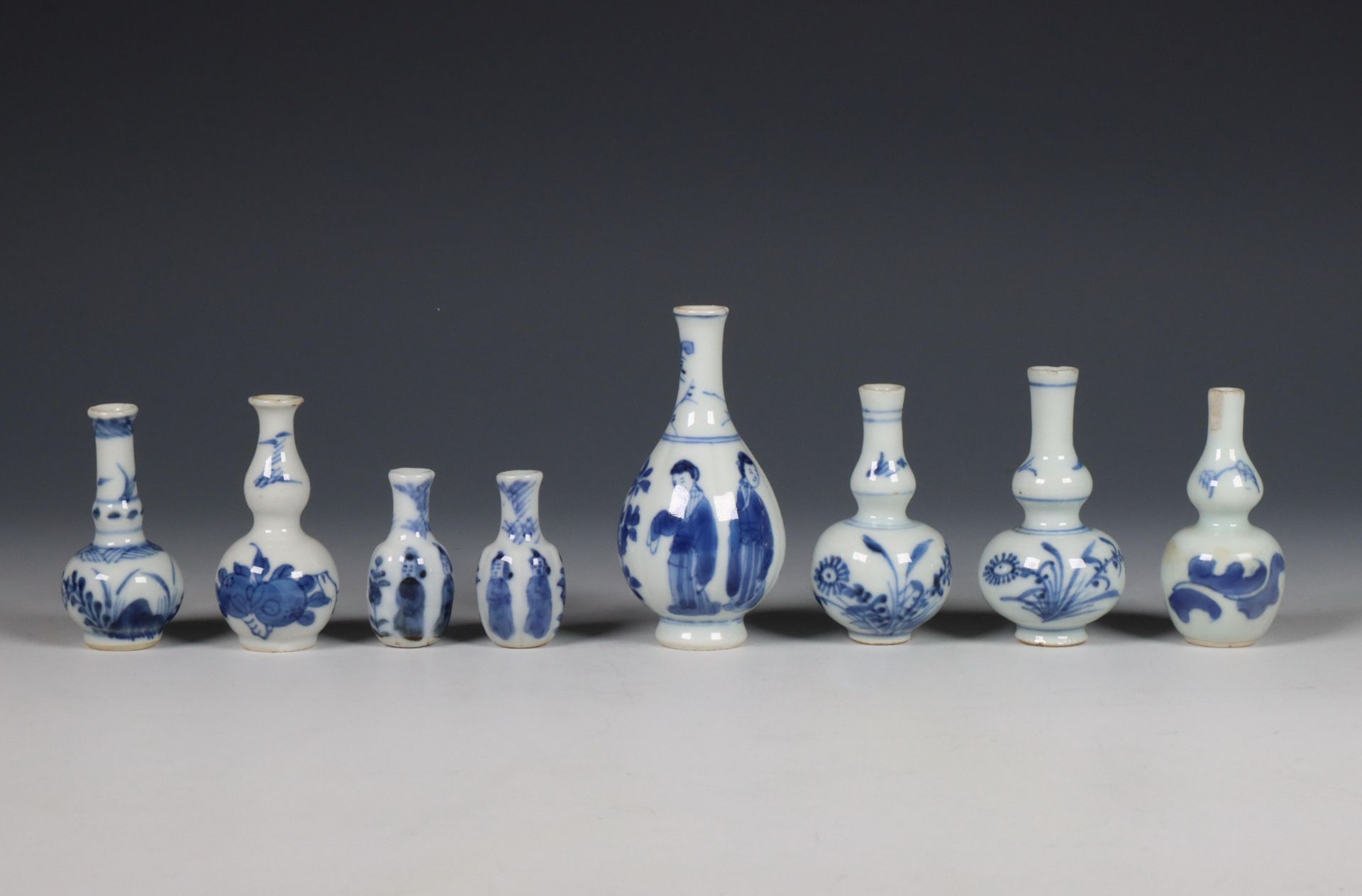China, collection of blue and white porcelain miniature vases, 18th century,
