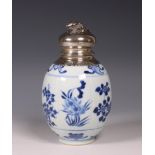 China, blue and white porcelain silver-mounted teacaddy, Kangxi period (1662-1722), the silver later